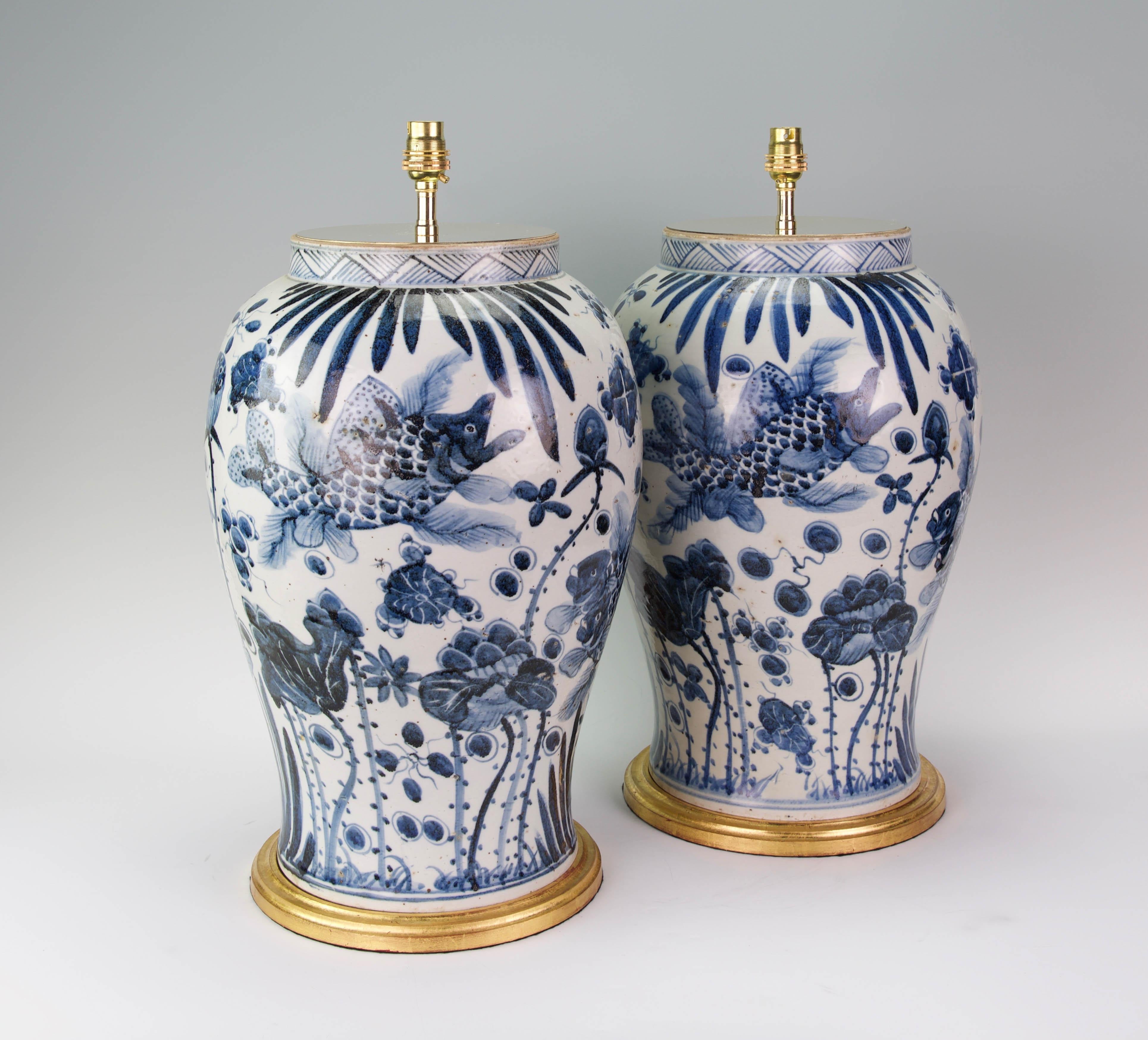 Glazed Large Pair of 20th Century Chinese Blue and White Porcelain Table Lamps