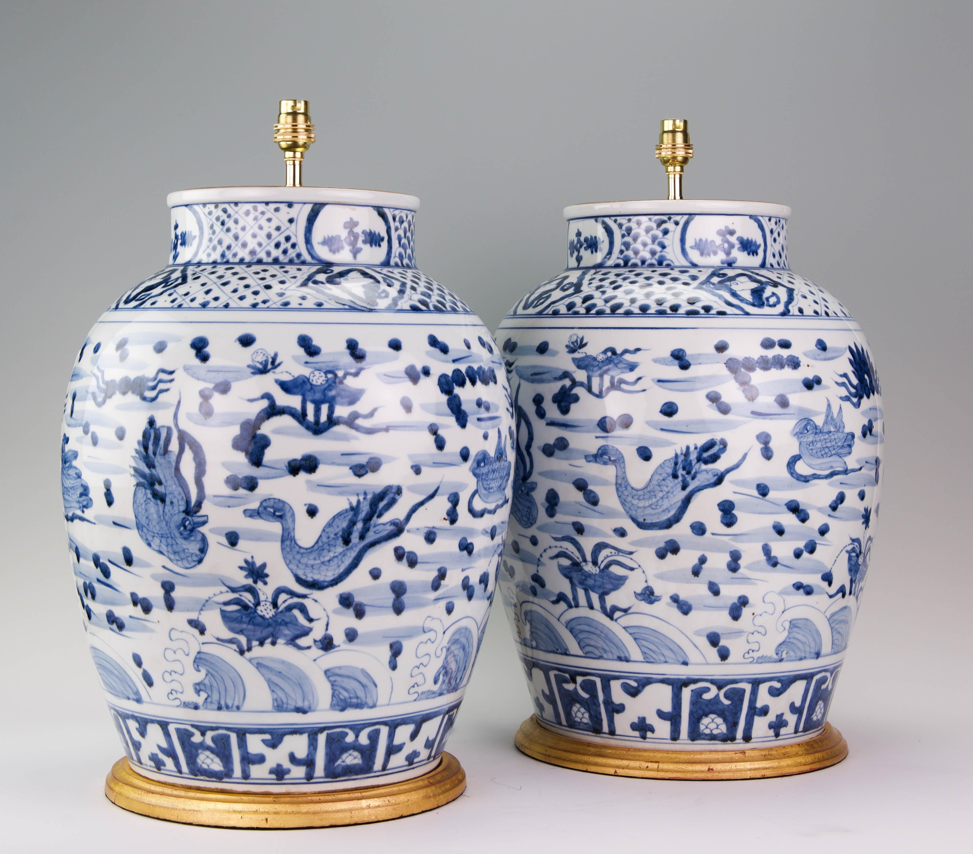 large blue and white lamps