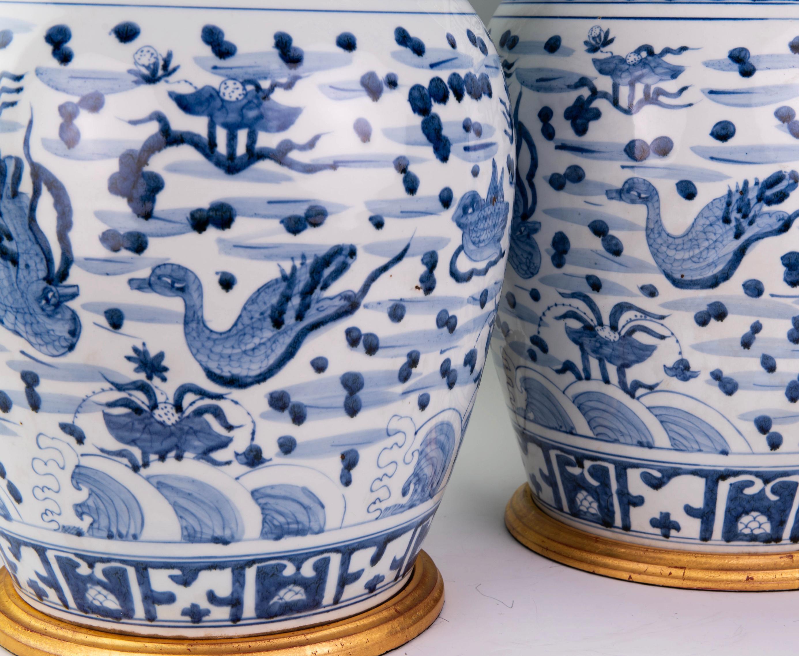 Glazed Large Pair of 20th Century Chinese Blue and White Porcelain Table Lamps