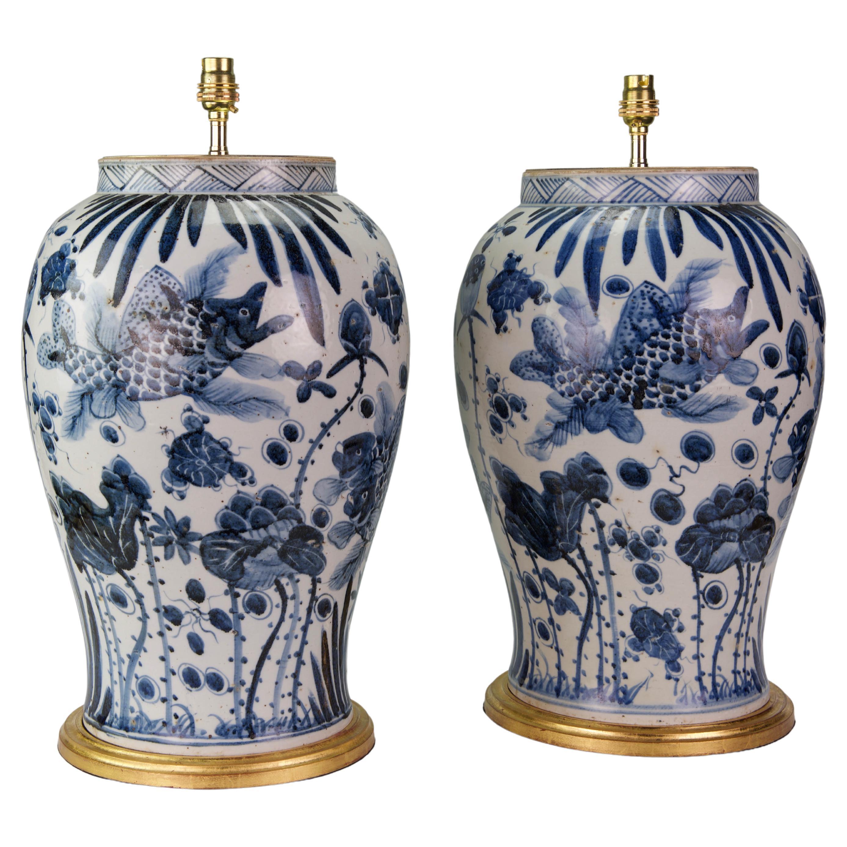 Large Pair of 20th Century Chinese Blue and White Porcelain Table Lamps