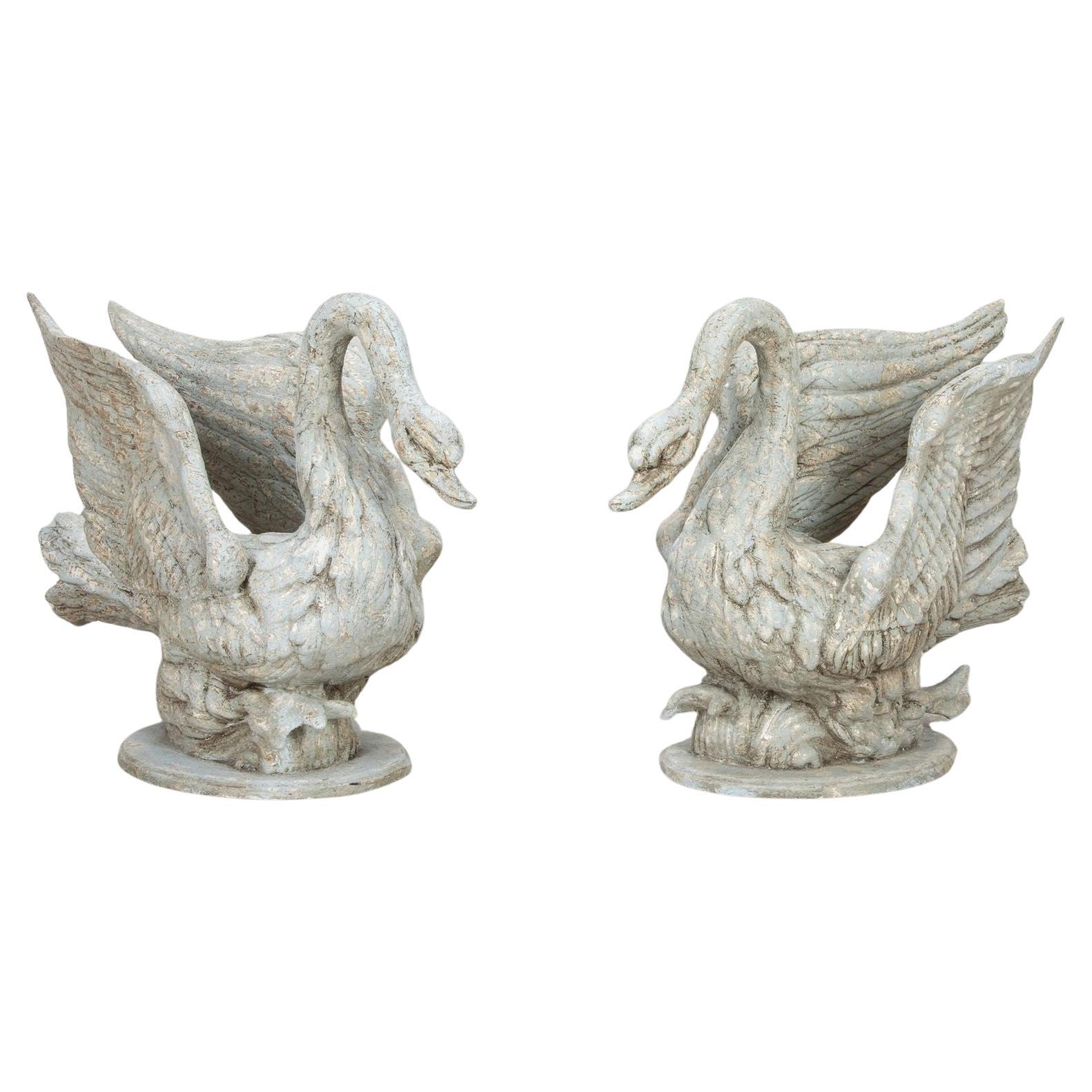 Large Pair of 20th Century Italian Hand Carved Lime Wood Swan Planters
