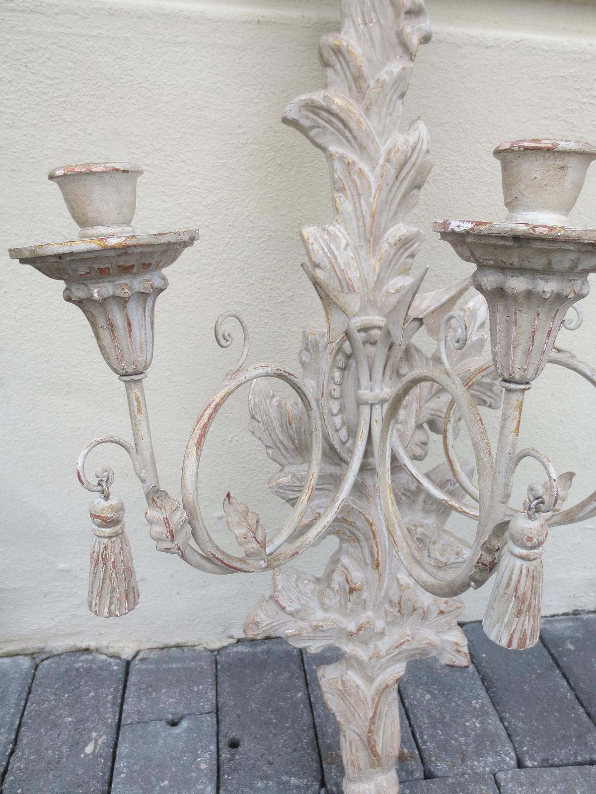 Wood Large Pair of 20th Century Italian Old White Sconces