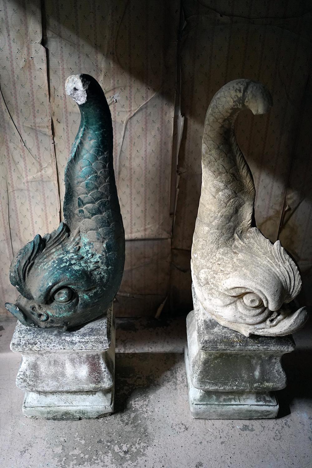Large Pair of 20thC Cast Stone Dolphins On Plinths, c.1940-60 For Sale 6