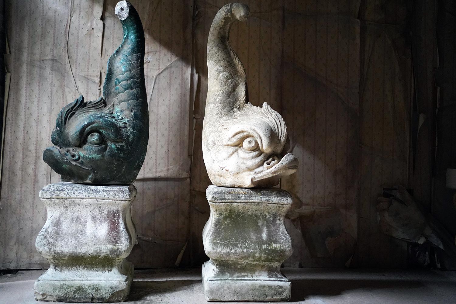 Large Pair of 20thC Cast Stone Dolphins On Plinths, c.1940-60 For Sale 11