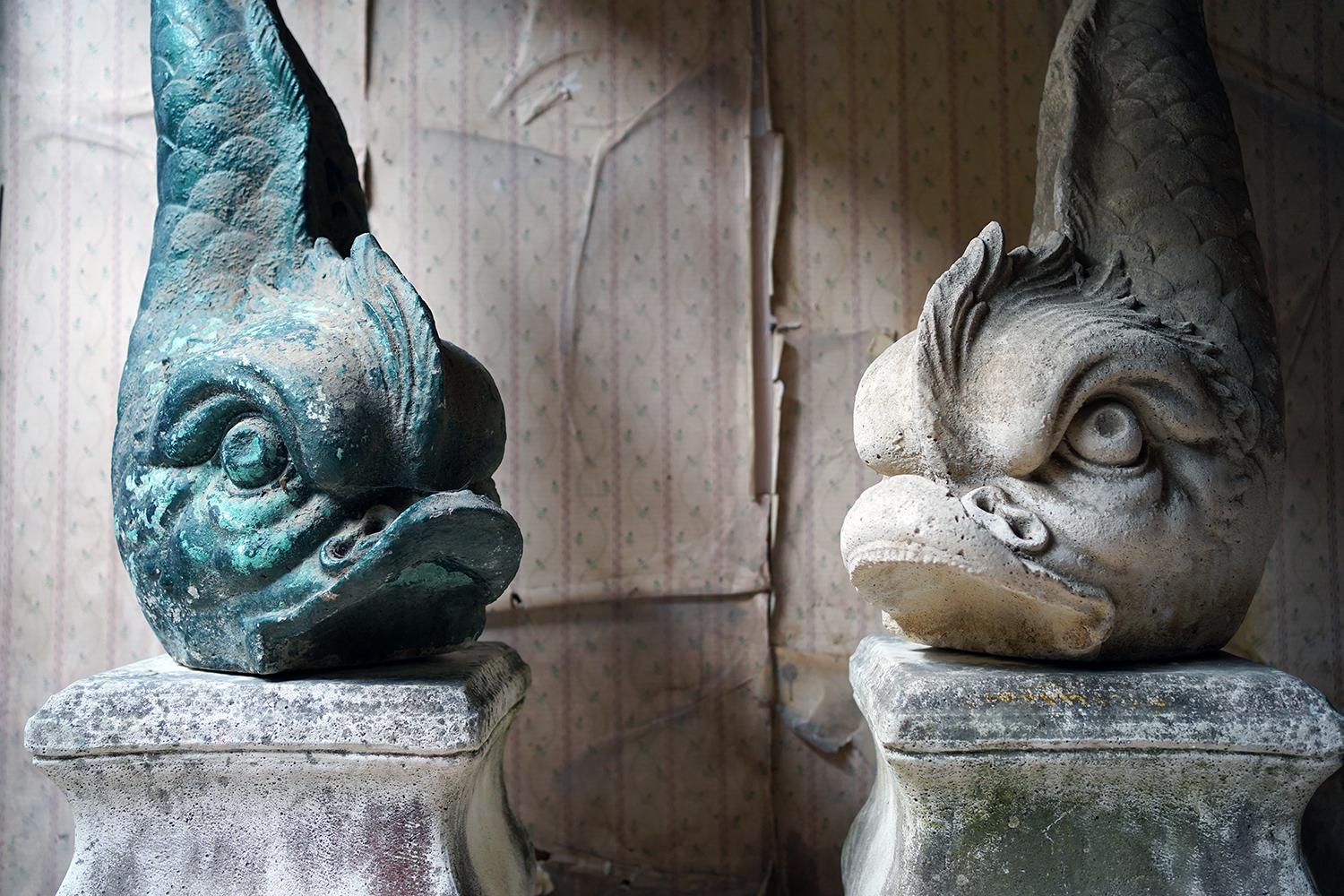 Large Pair of 20thC Cast Stone Dolphins On Plinths, c.1940-60 For Sale 12