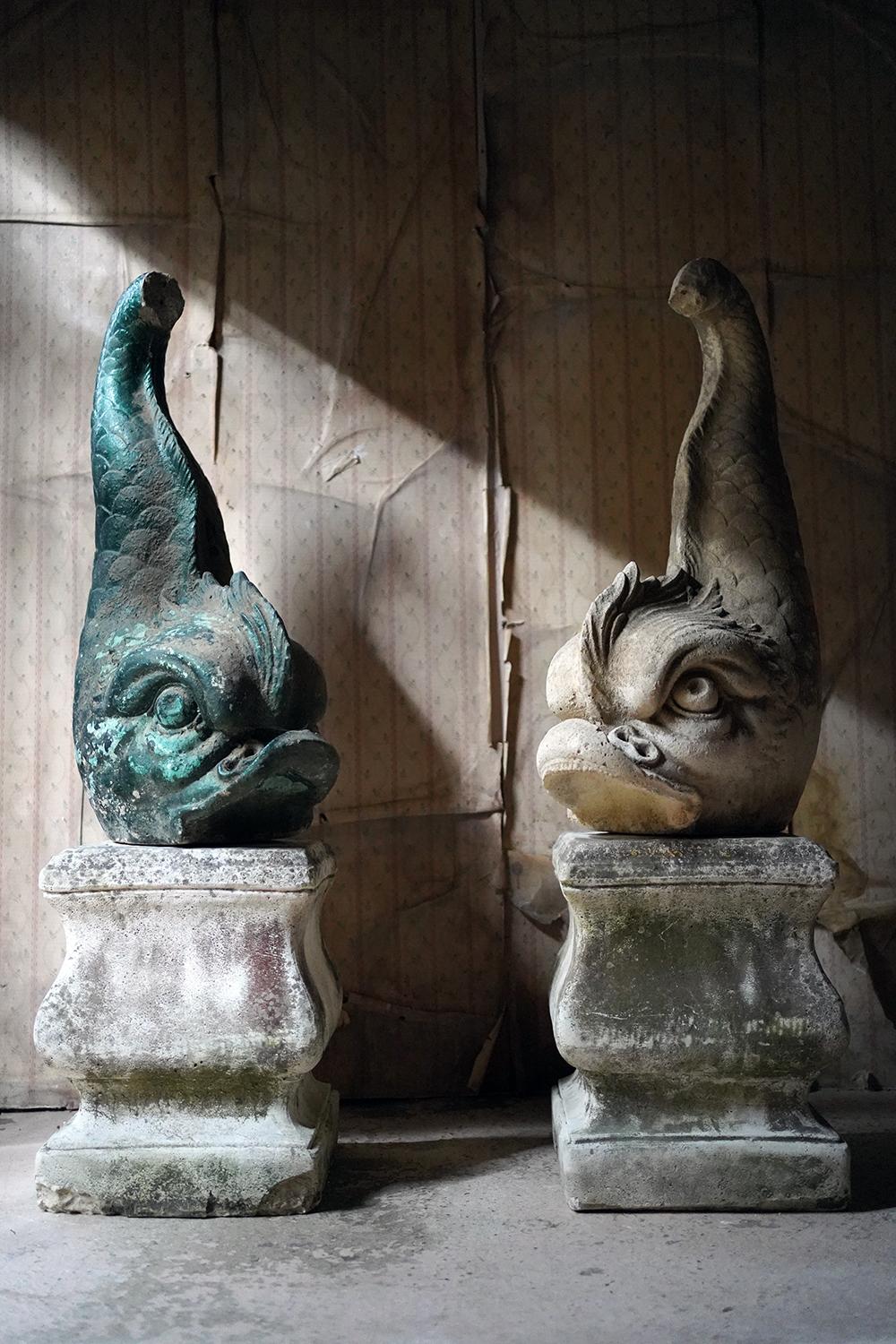 Large Pair of 20thC Cast Stone Dolphins On Plinths, c.1940-60 For Sale 13