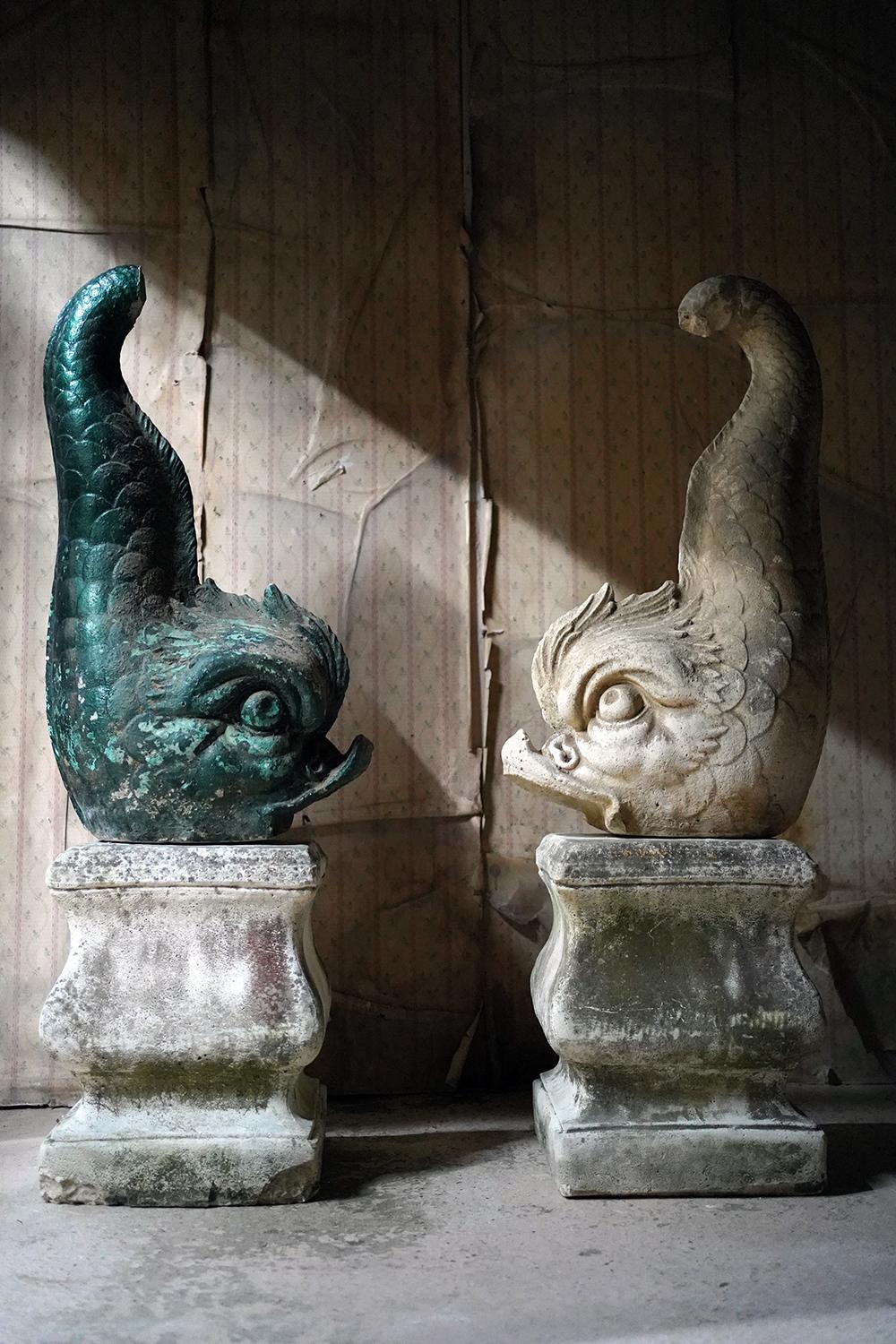 Large Pair of 20thC Cast Stone Dolphins On Plinths, c.1940-60 For Sale 14