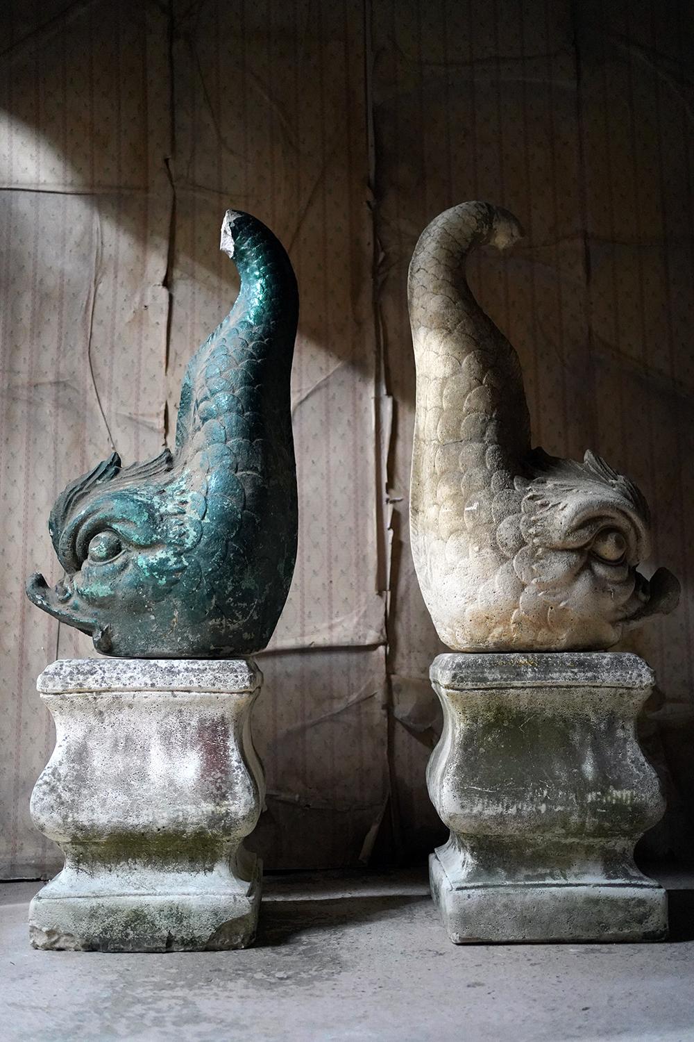 20th Century Large Pair of 20thC Cast Stone Dolphins On Plinths, c.1940-60 For Sale