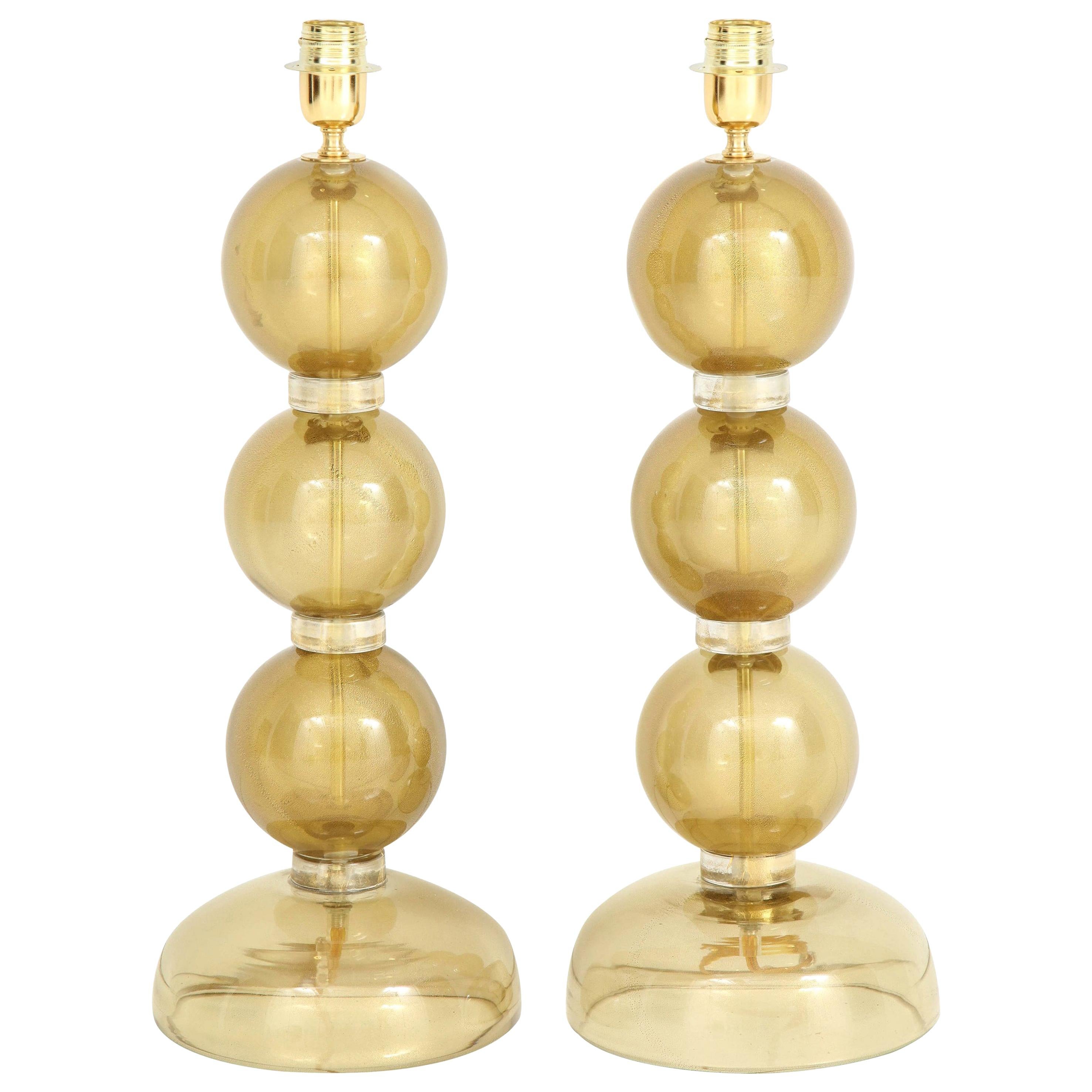 Large Pair of 23k Gold Infused Sphere Murano Glass Lamps, Italy