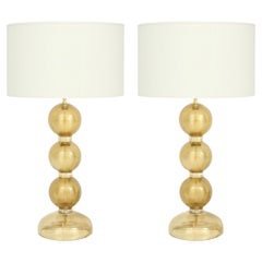 Large Pair of 23k Gold Infused Sphere Murano Glass Lamps, Italy