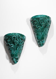 Large Pair of 40's Edouard Cazaux Art Deco Ceramic Wall Lamps