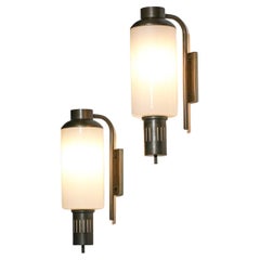 Large Pair of 1960s Italian Reggiani Sconces in Brass and Glass Wall Light