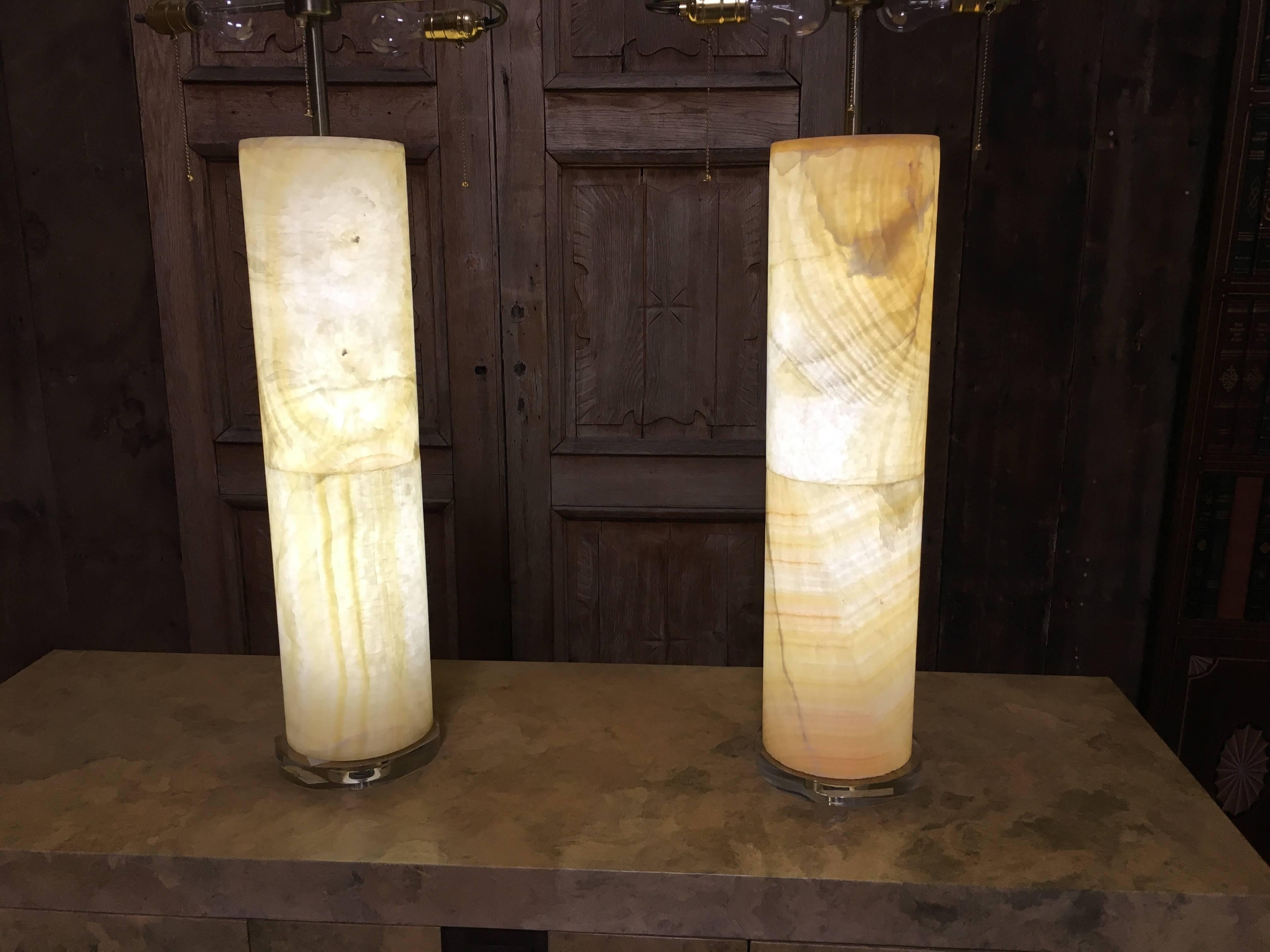 Large Pair of Alabaster Column Lamps 3