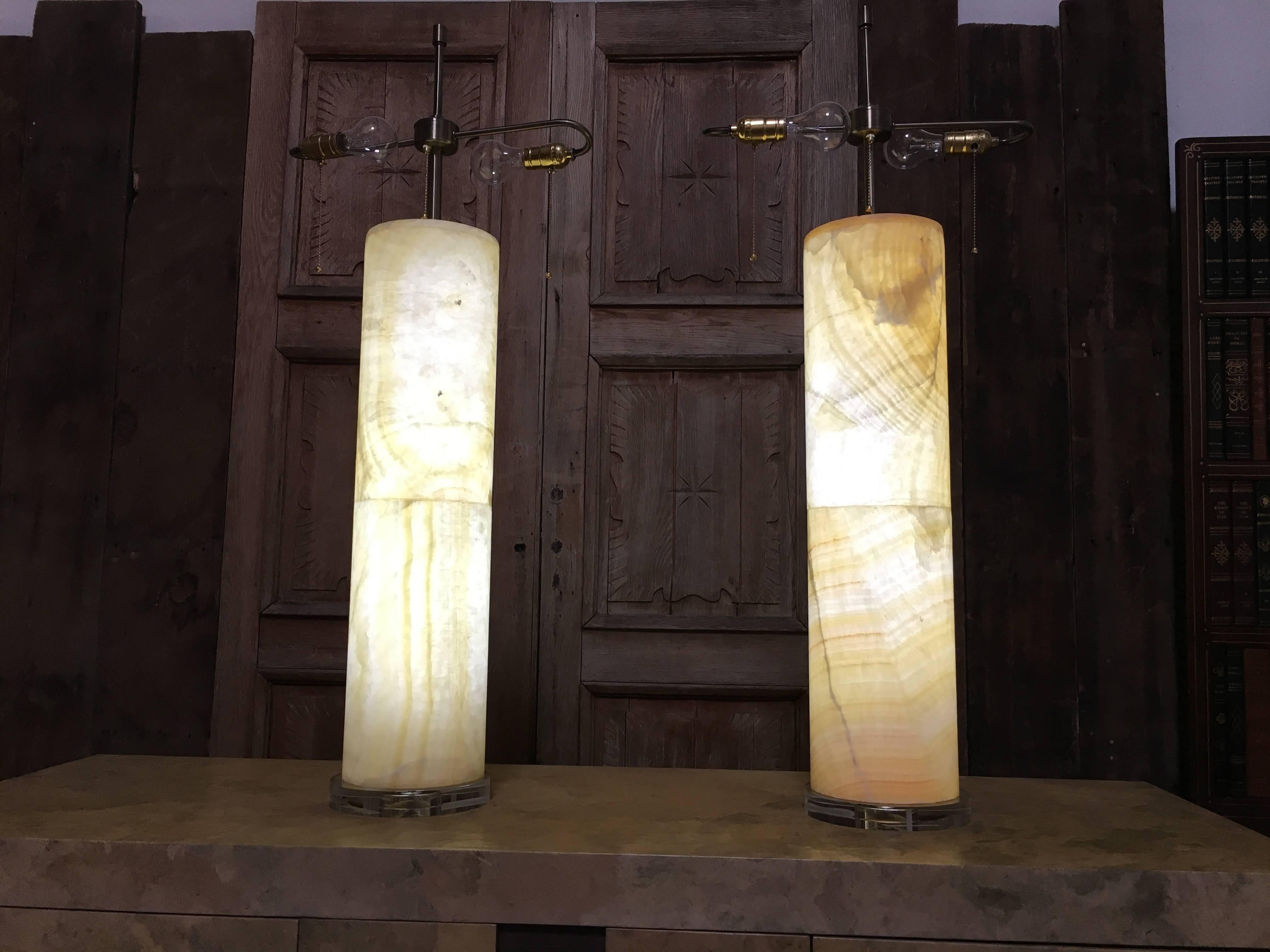 Post-Modern Large Pair of Alabaster Column Lamps