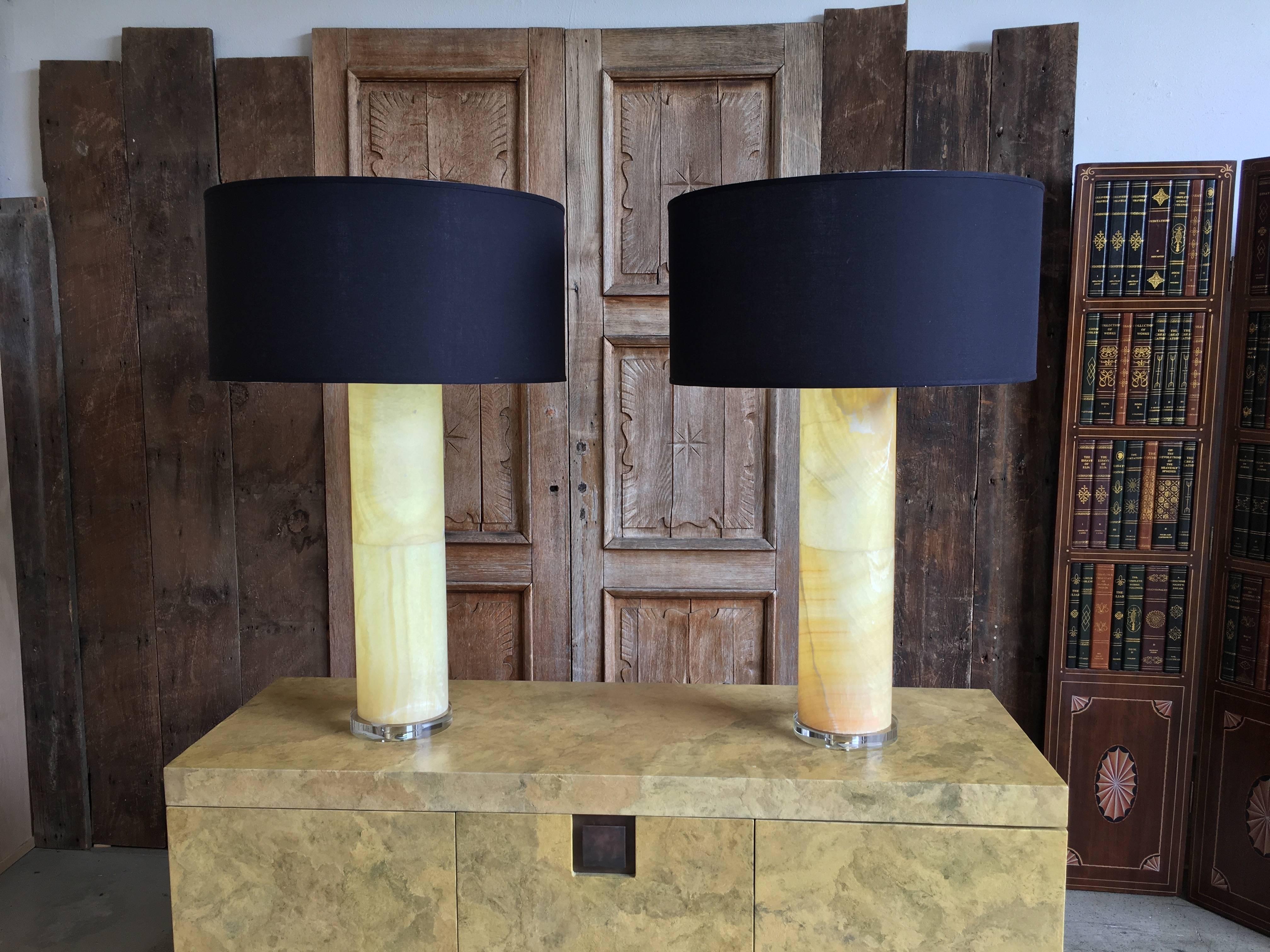 American Large Pair of Alabaster Column Lamps