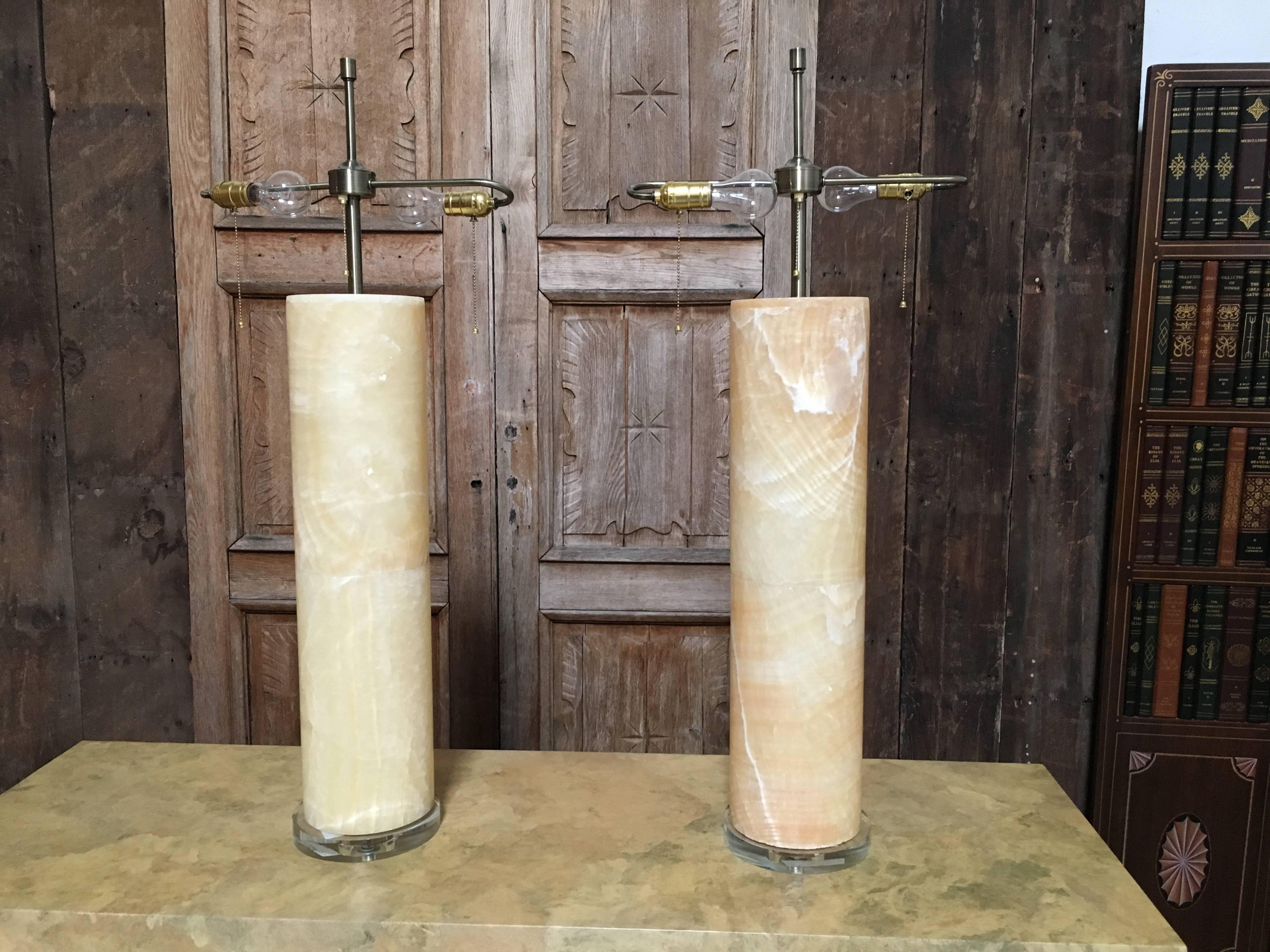 Linen Large Pair of Alabaster Column Lamps