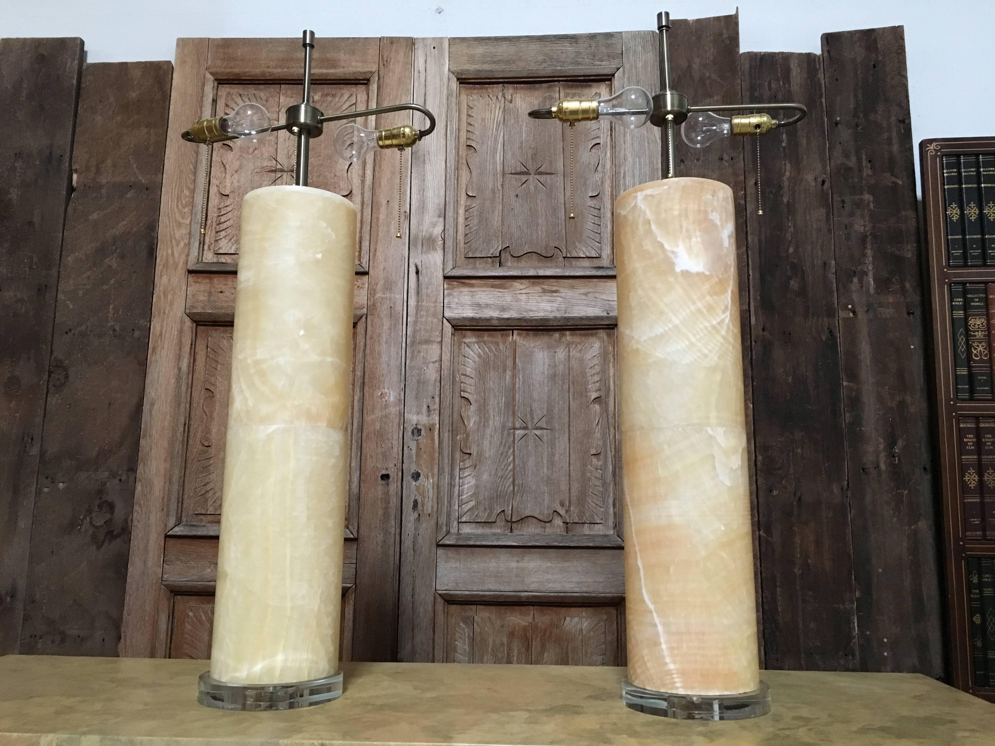 Large Pair of Alabaster Column Lamps 1