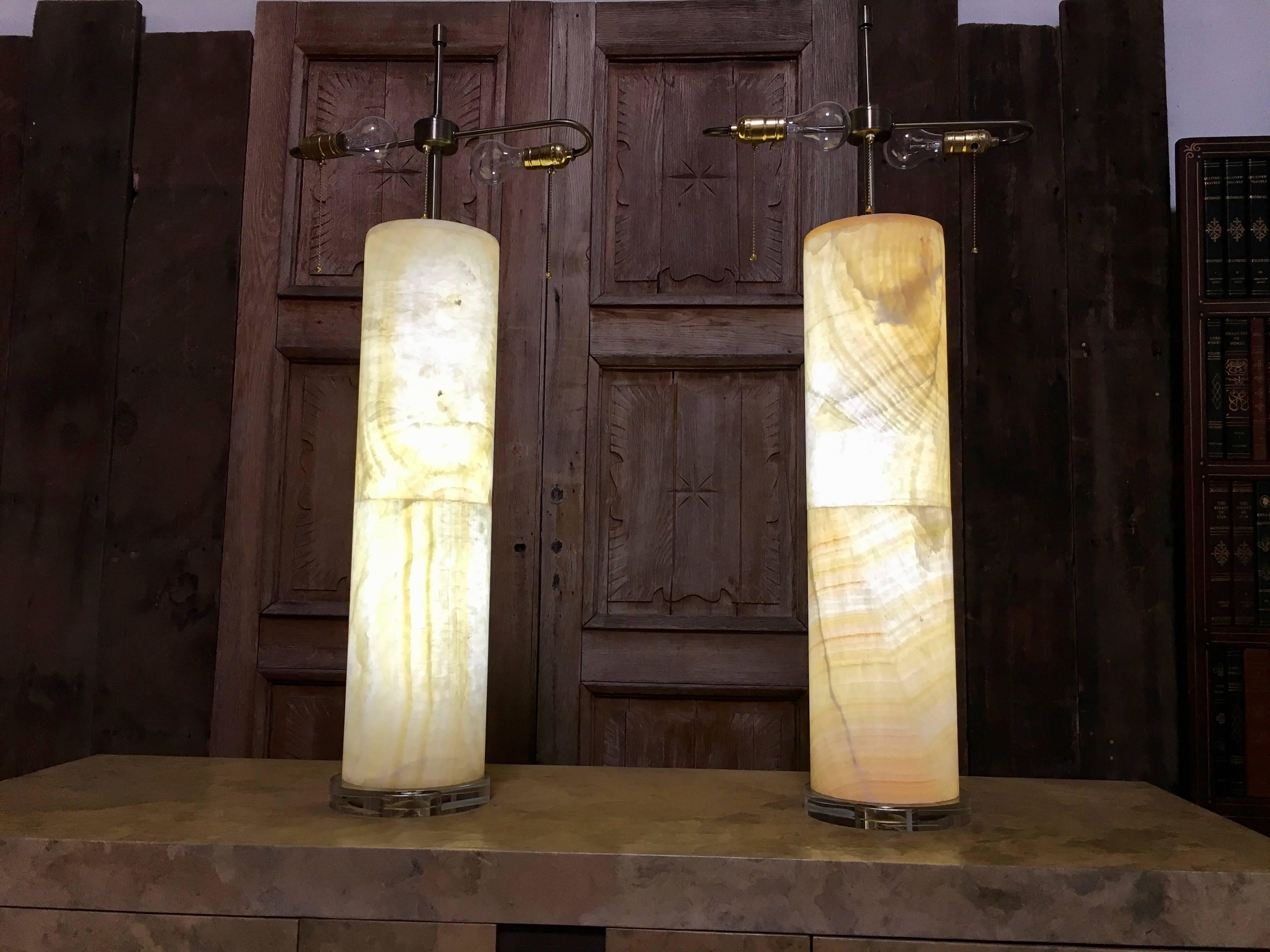 Large Pair of Alabaster Column Lamps 2