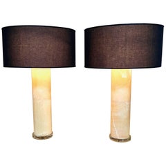Vintage Large Pair of Alabaster Column Lamps