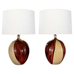 Großes Paar amerikanischer Tropfglasur-Keramiklampen in eiförmiger Form aus den 1960er Jahren