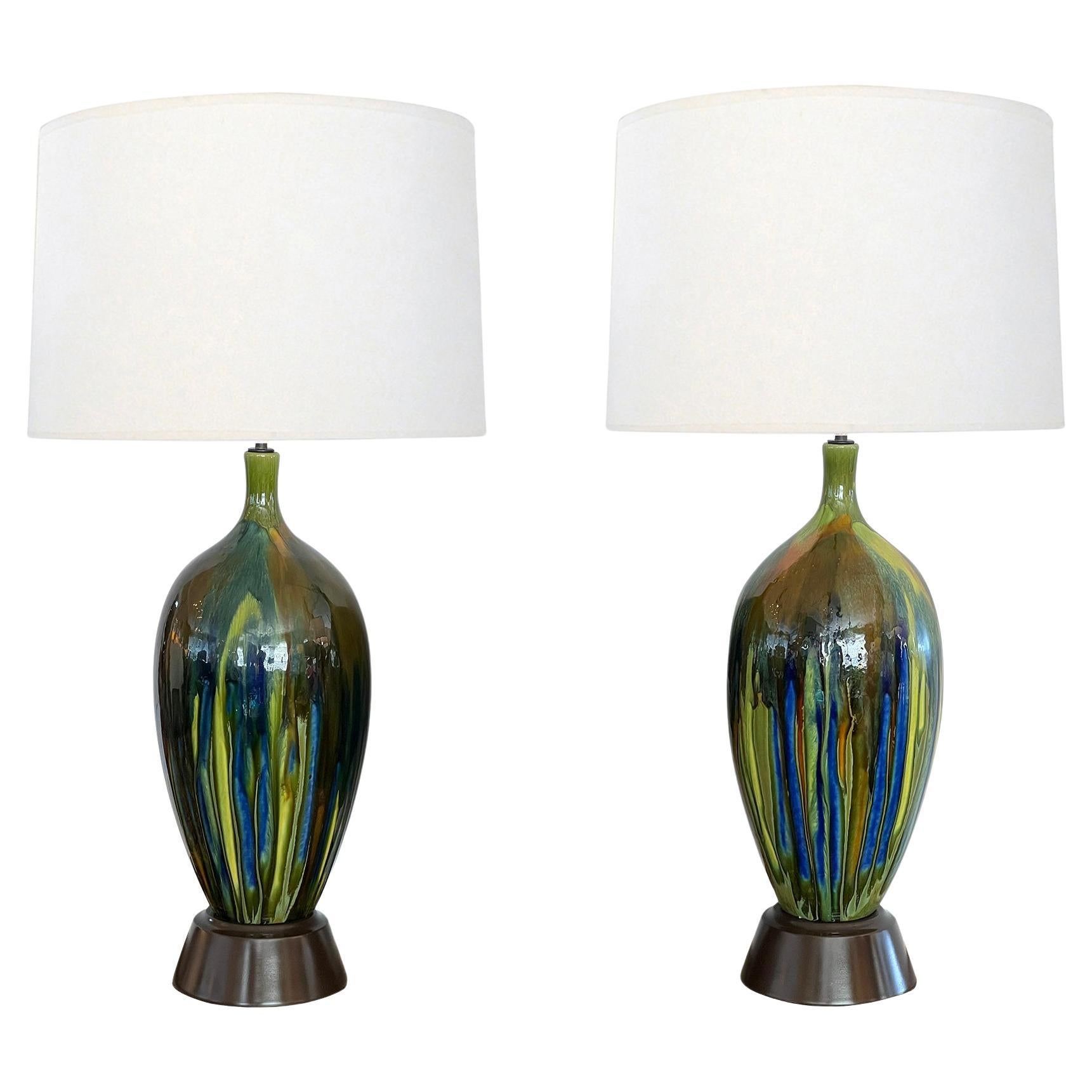 Large Pair of American 1960s Drip-Glaze Ovoid Lamps