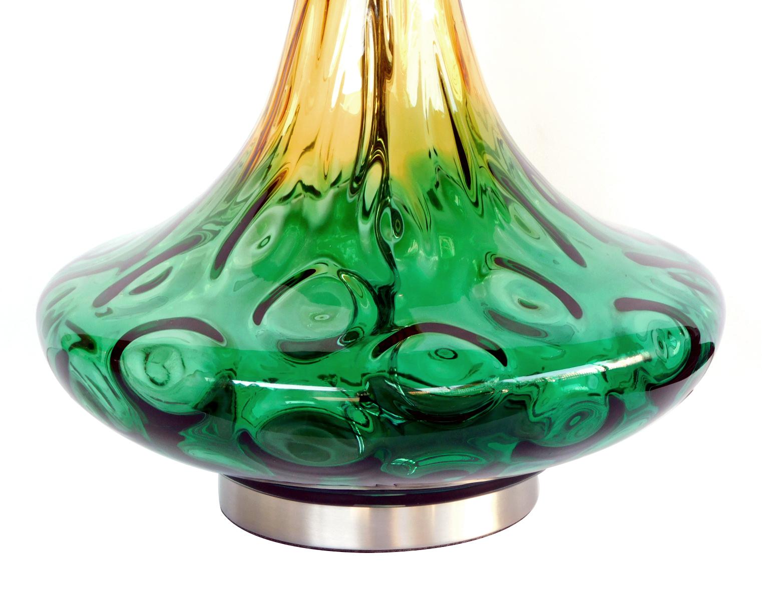 Paire de grandes lampes américaines des années 1970 en verre d'art jaune et vert Bon état - En vente à San Francisco, CA