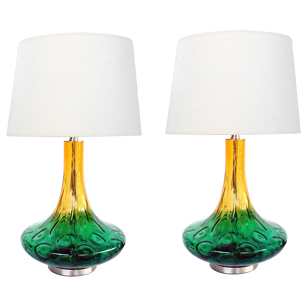 Large Pair of American 1970s Yellow and Green Art Glass Lamps