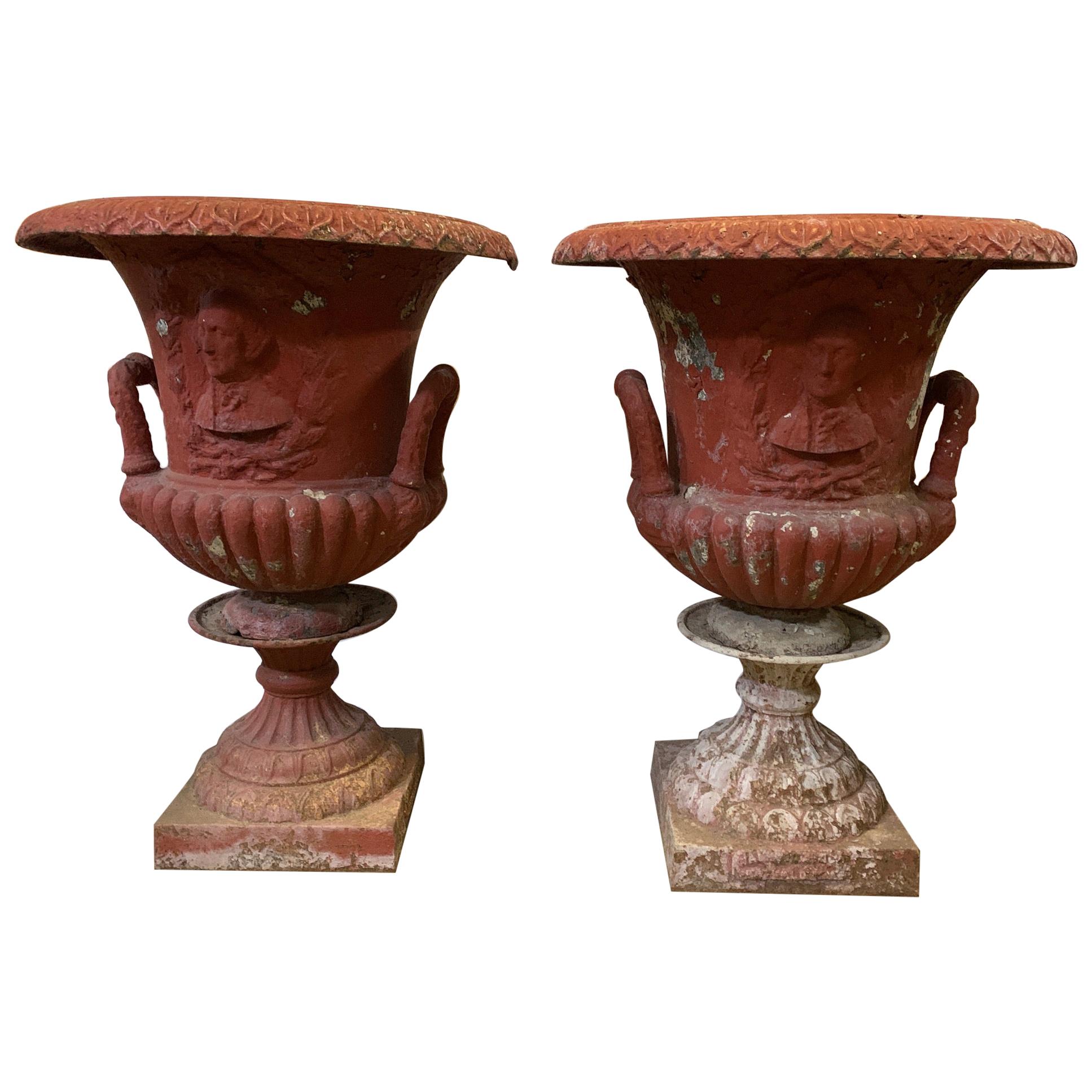 Large Pair of American Garden Cast Iron Urns with a Plaque of George Washington 