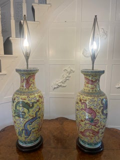 Large Pair of Antique 19th Century Chinese Porcelain Vase Lamps 105 x 24 cm