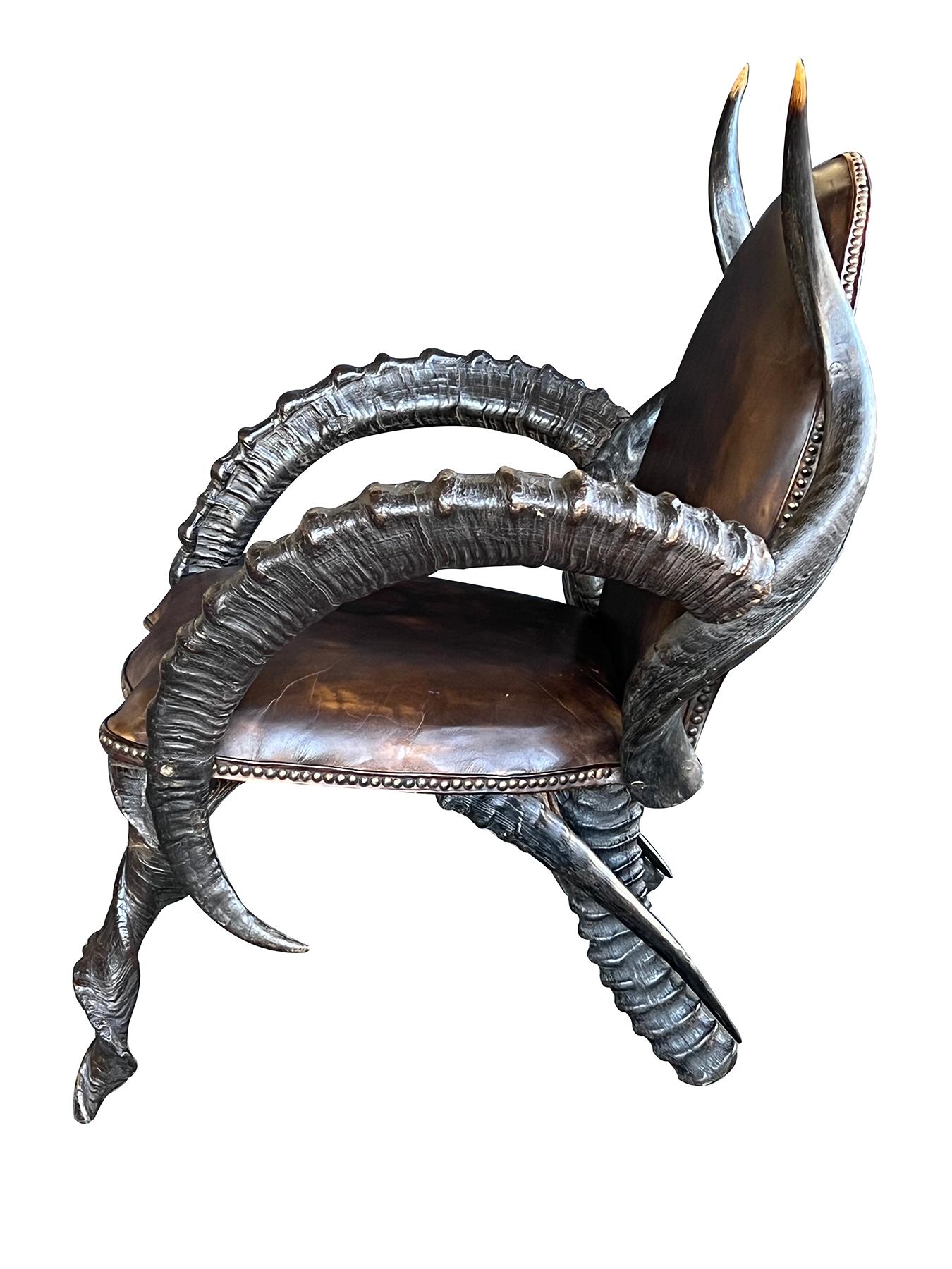 Folk Art Large Pair of Antique African Kudu Antelope Armchairs