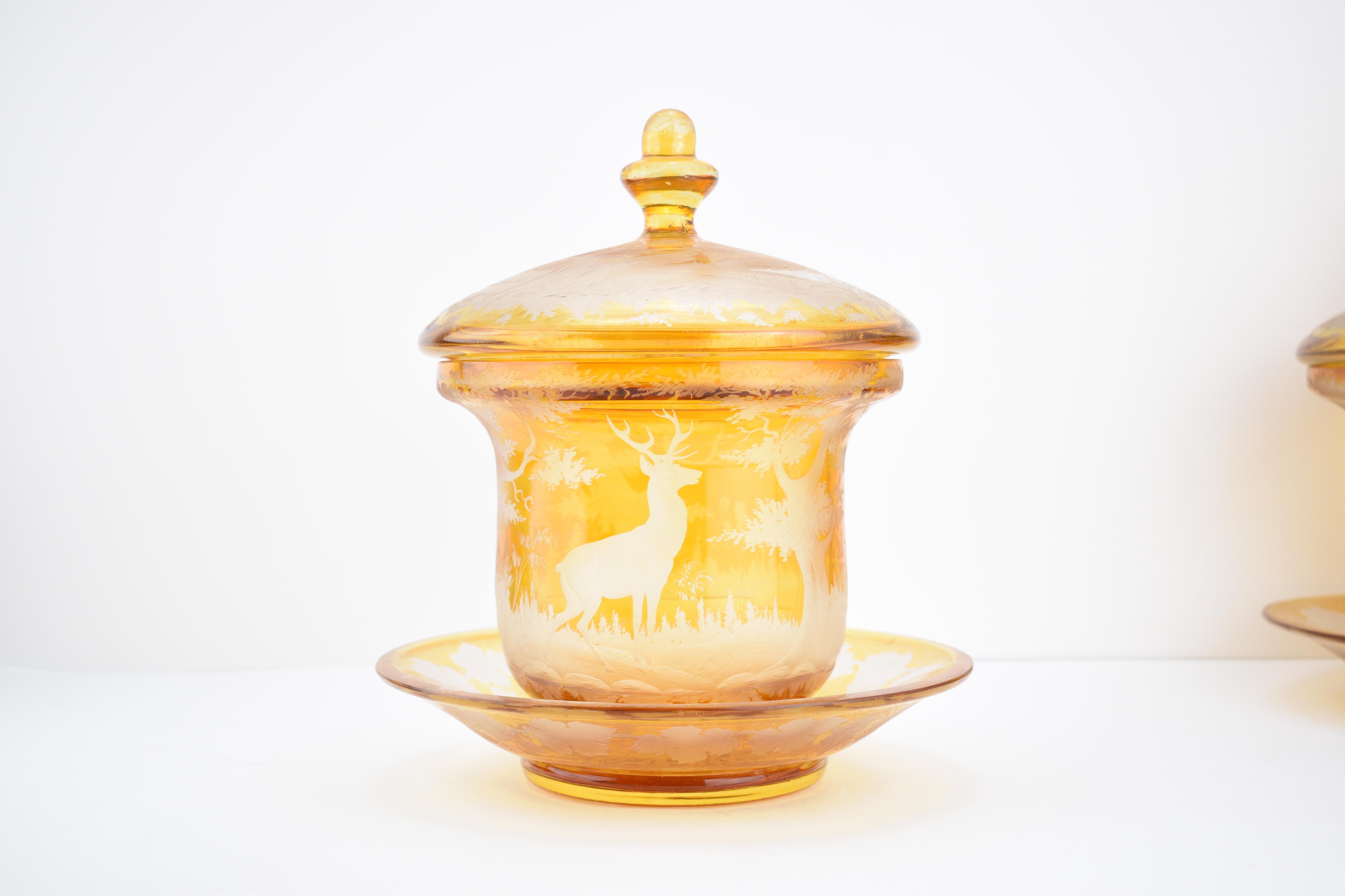 Grande paire de bols bohèmes anciens en verre teinté ambré gravé, 19ème siècle Bon état - En vente à Rostock, MV