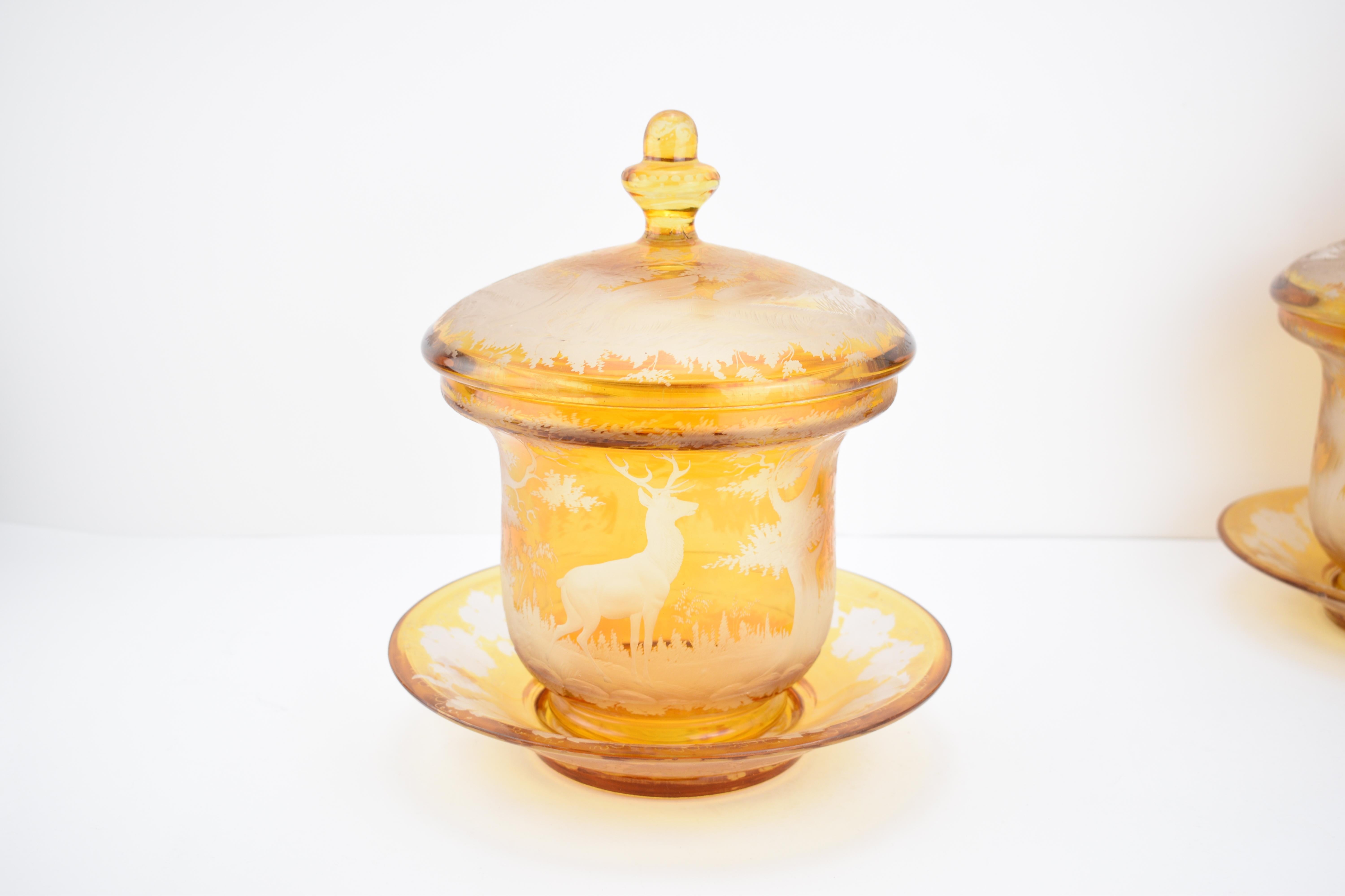 XIXe siècle Grande paire de bols bohèmes anciens en verre teinté ambré gravé, 19ème siècle en vente