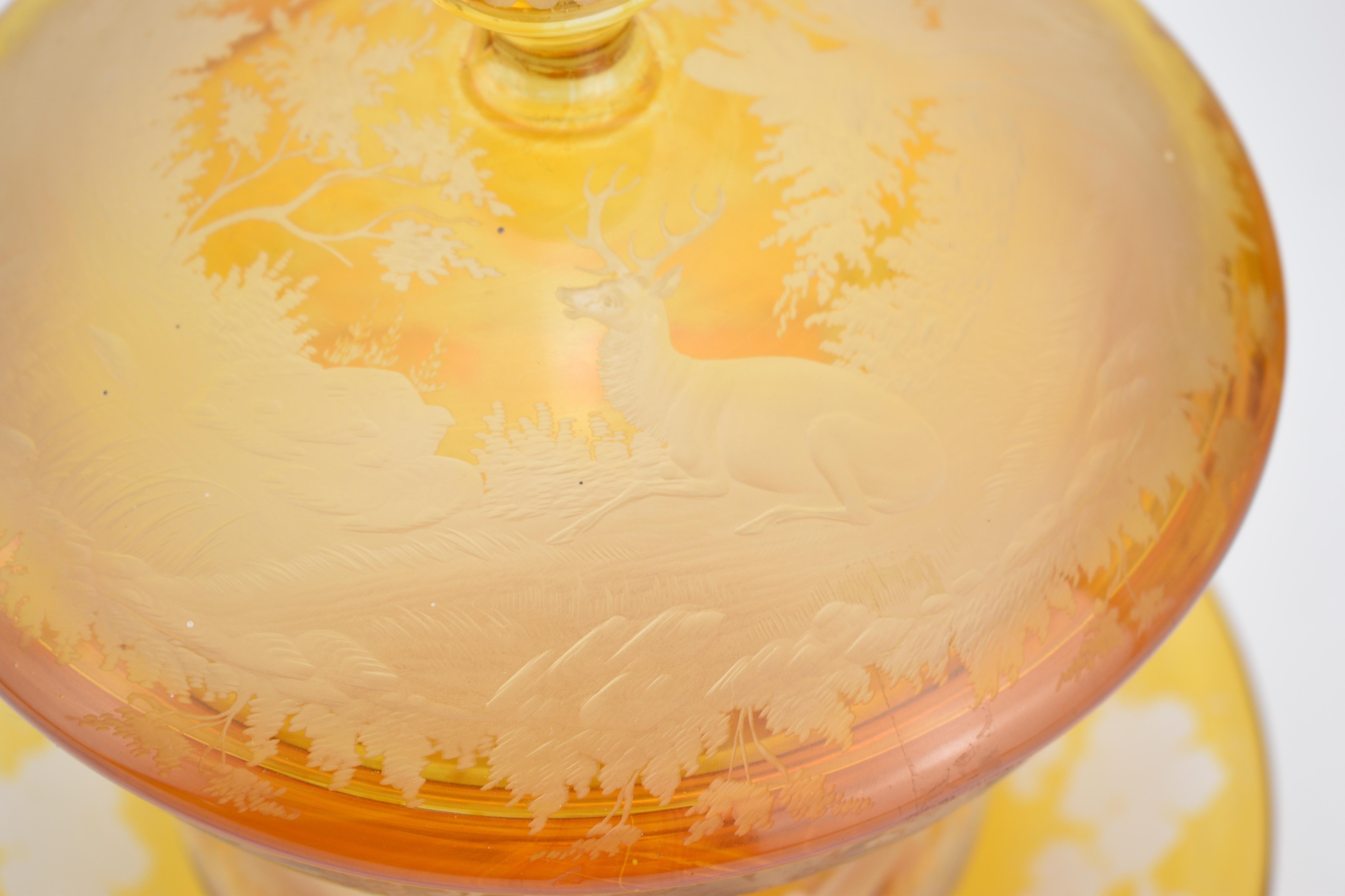 Grande paire de bols bohèmes anciens en verre teinté ambré gravé, 19ème siècle en vente 2
