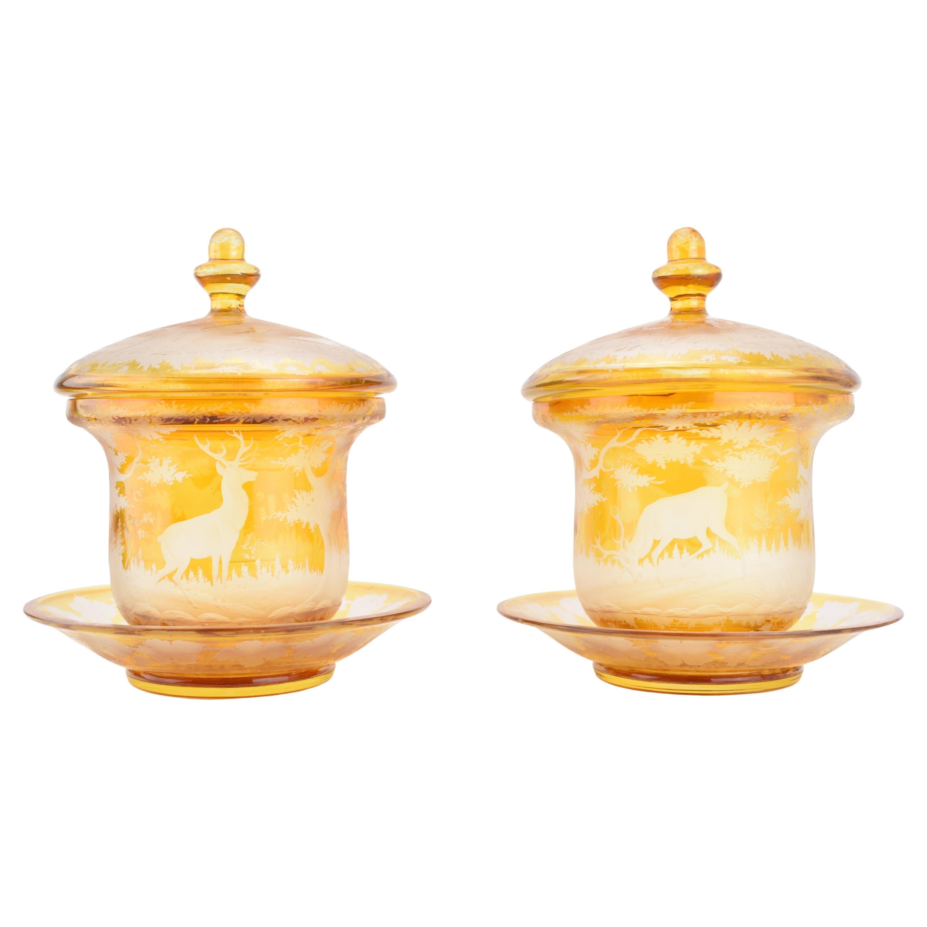 Large Pair of Antique Bohemian Engraved Amber-Stained Glass Bowls, 19th Century