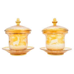 Large Pair of Antique Bohemian Engraved Amber-Stained Glass Bowls, 19th Century