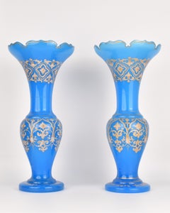 Large Pair of Antique Bohemian Opaline Enameled Glass Vases, 19th Century