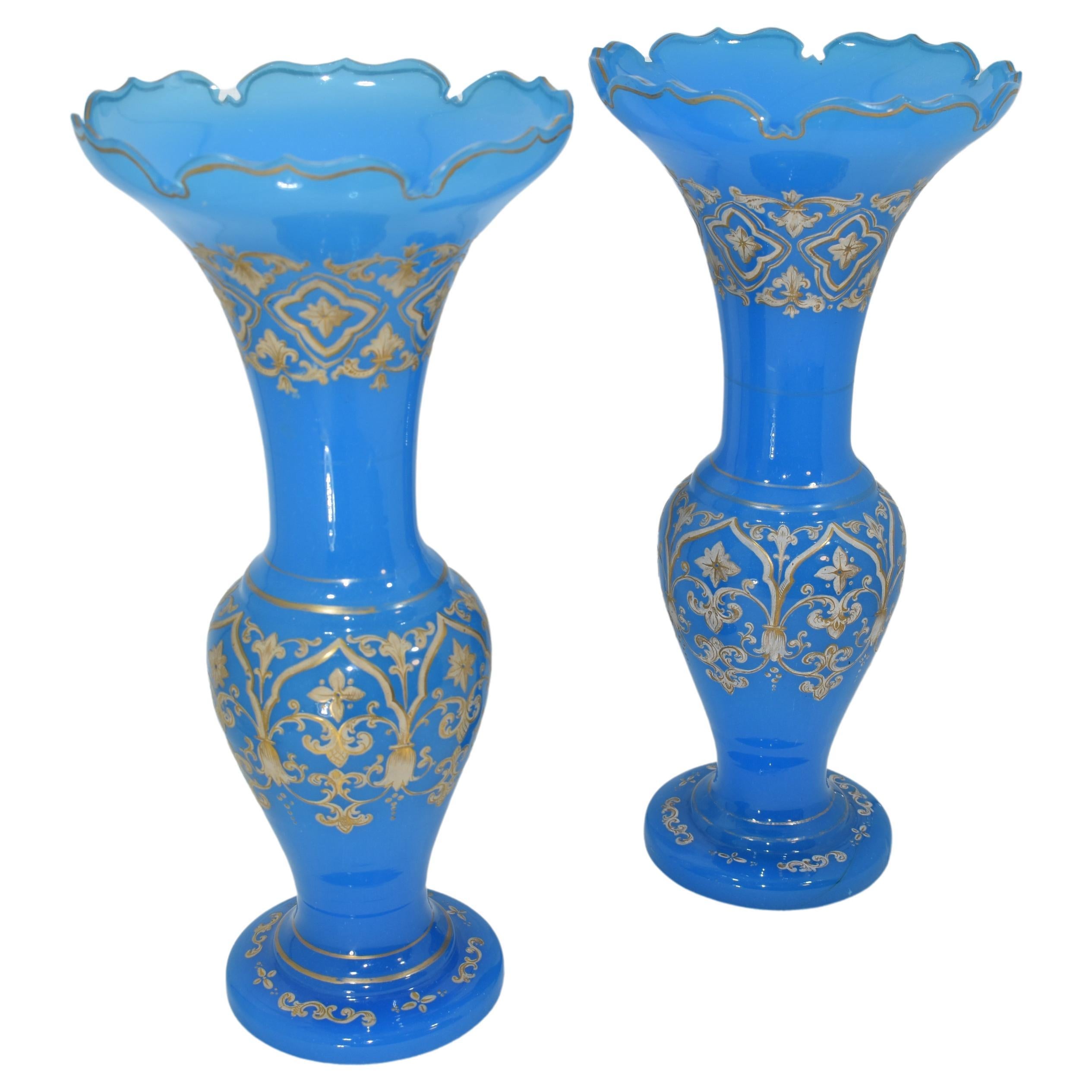 Large Pair of Antique Bohemian Opaline Enameled Glass Vases, 19th Century In Good Condition For Sale In Rostock, MV