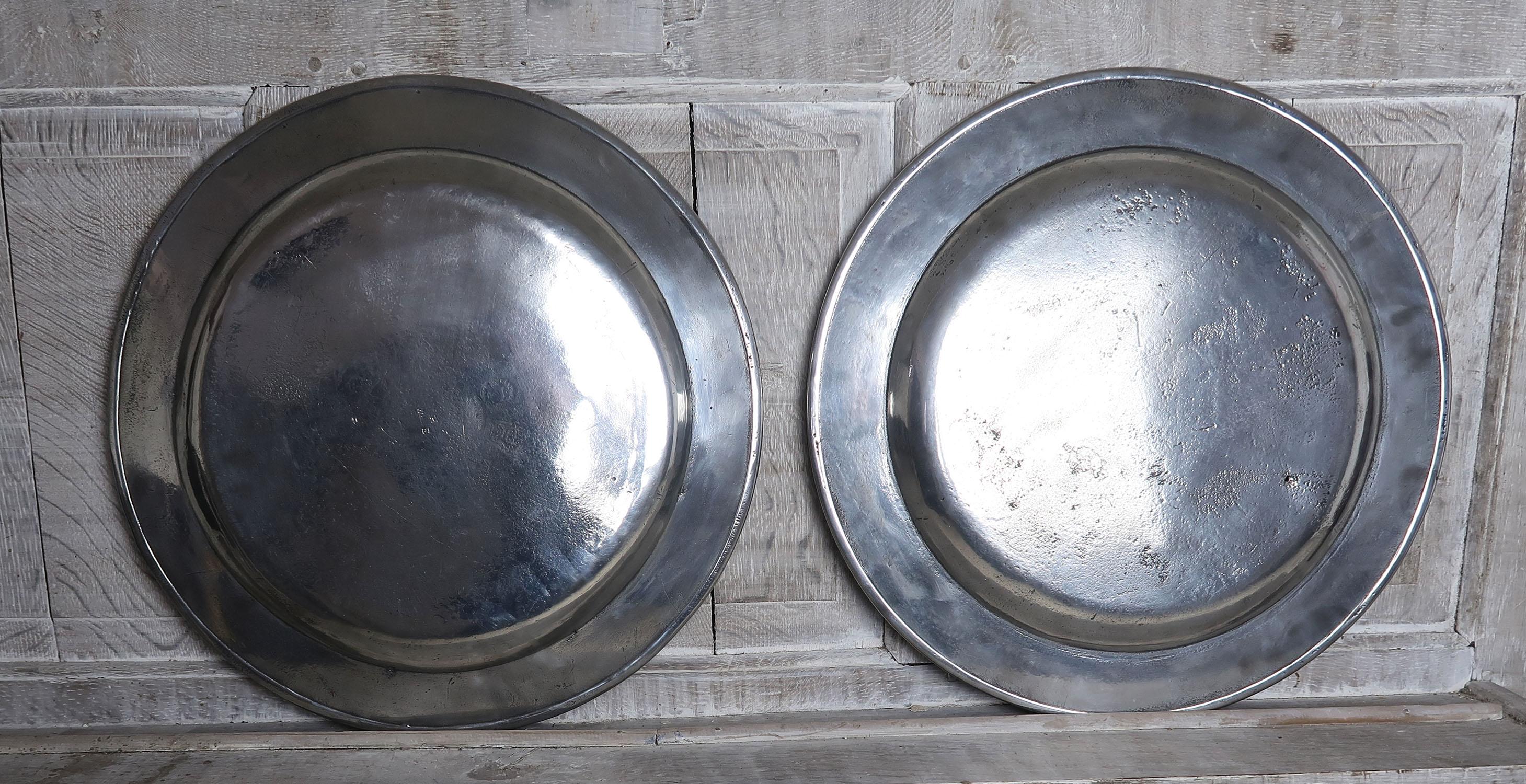 18th Century and Earlier Large Pair of Antique Brightly Polished Pewter Chargers, English, 18th Century