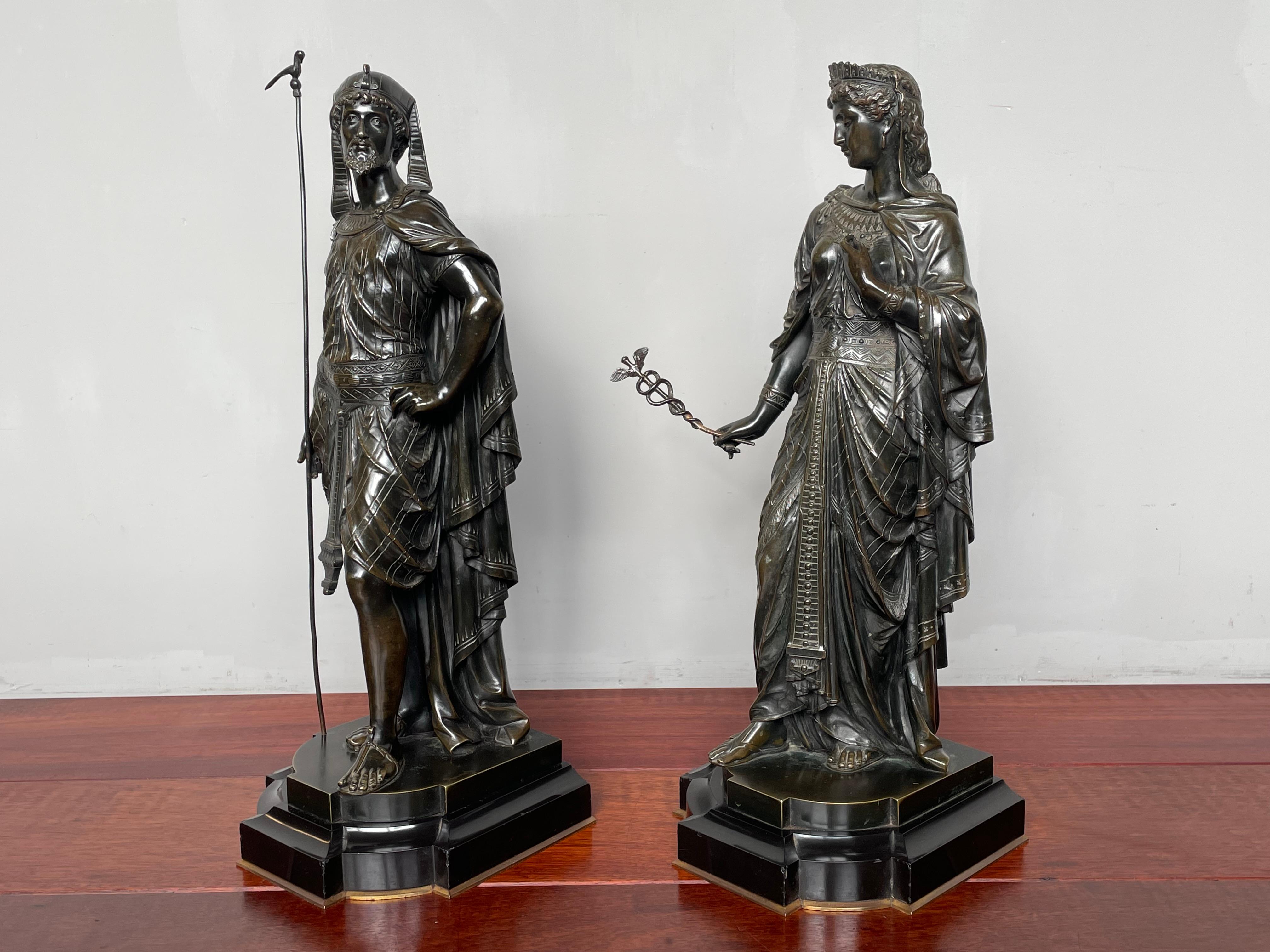 Large Pair of Antique Bronze Egyptian Priest & Priestess Sculptures By E. Bouret For Sale 3