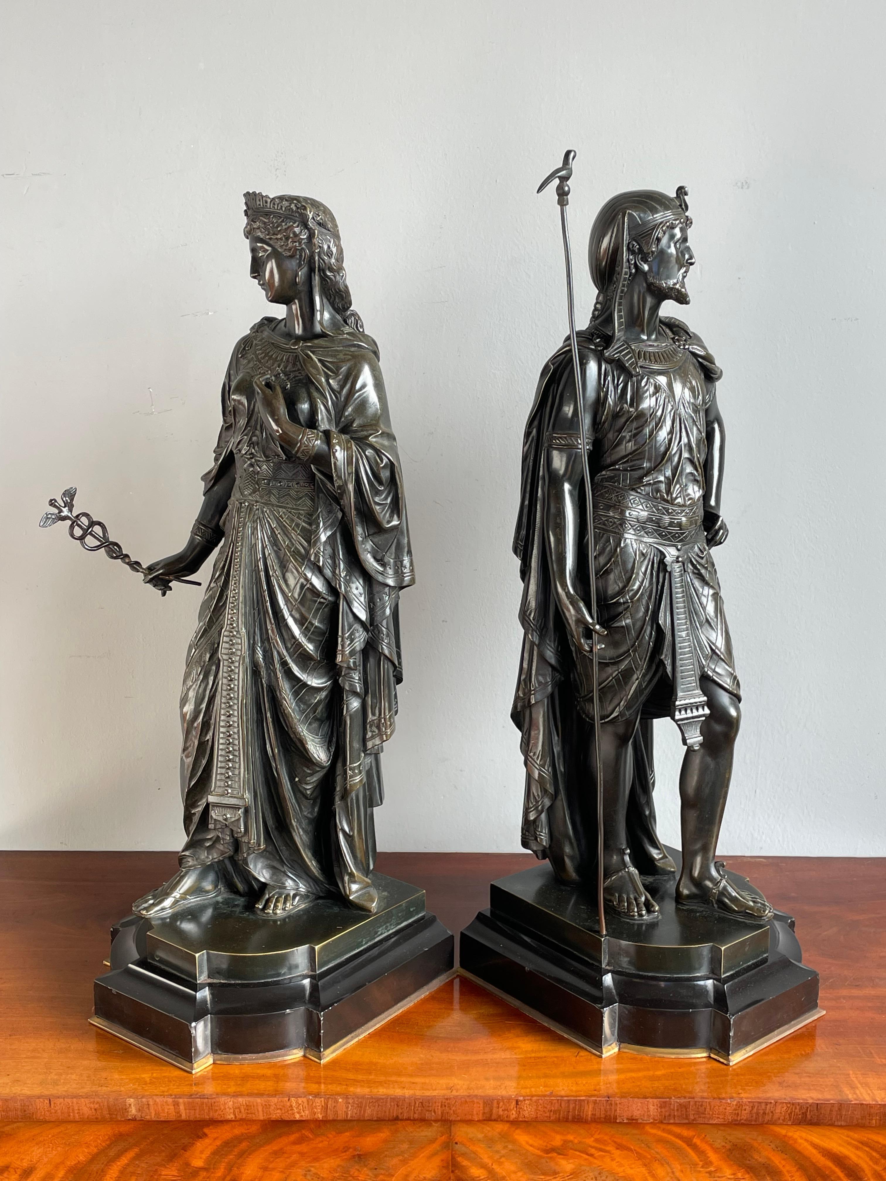 Large Pair of Antique Bronze Egyptian Priest & Priestess Sculptures By E. Bouret For Sale 13