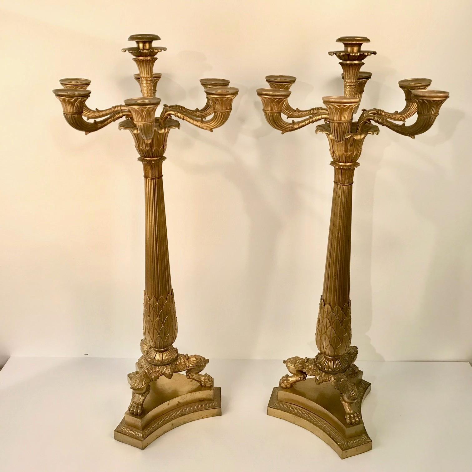 Gilt Large Pair of Antique Charles X Style French Bronze Candelabra For Sale