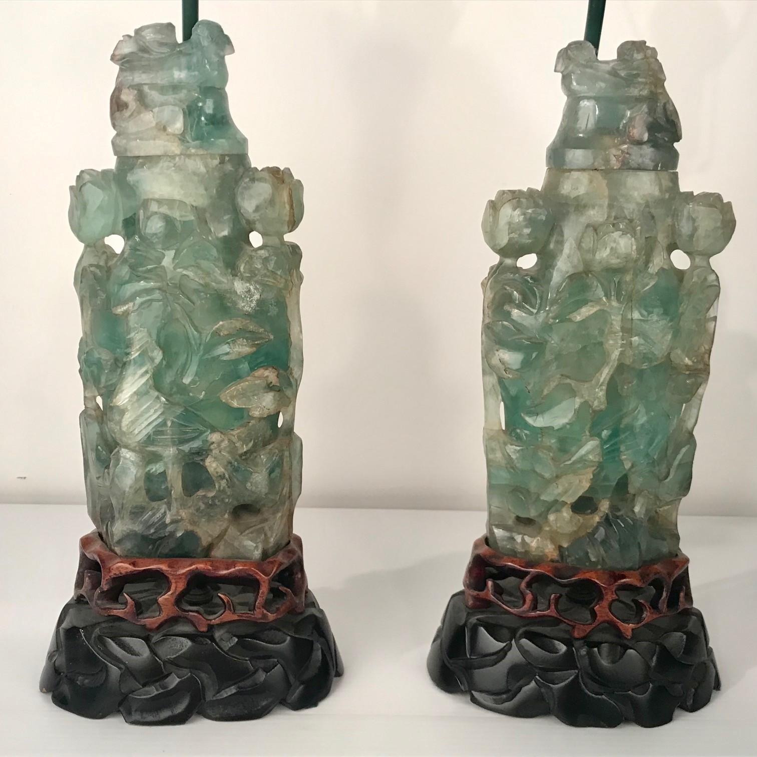 Chinese Export Large Pair of Antique Chinese Green Quartz Covered Urns