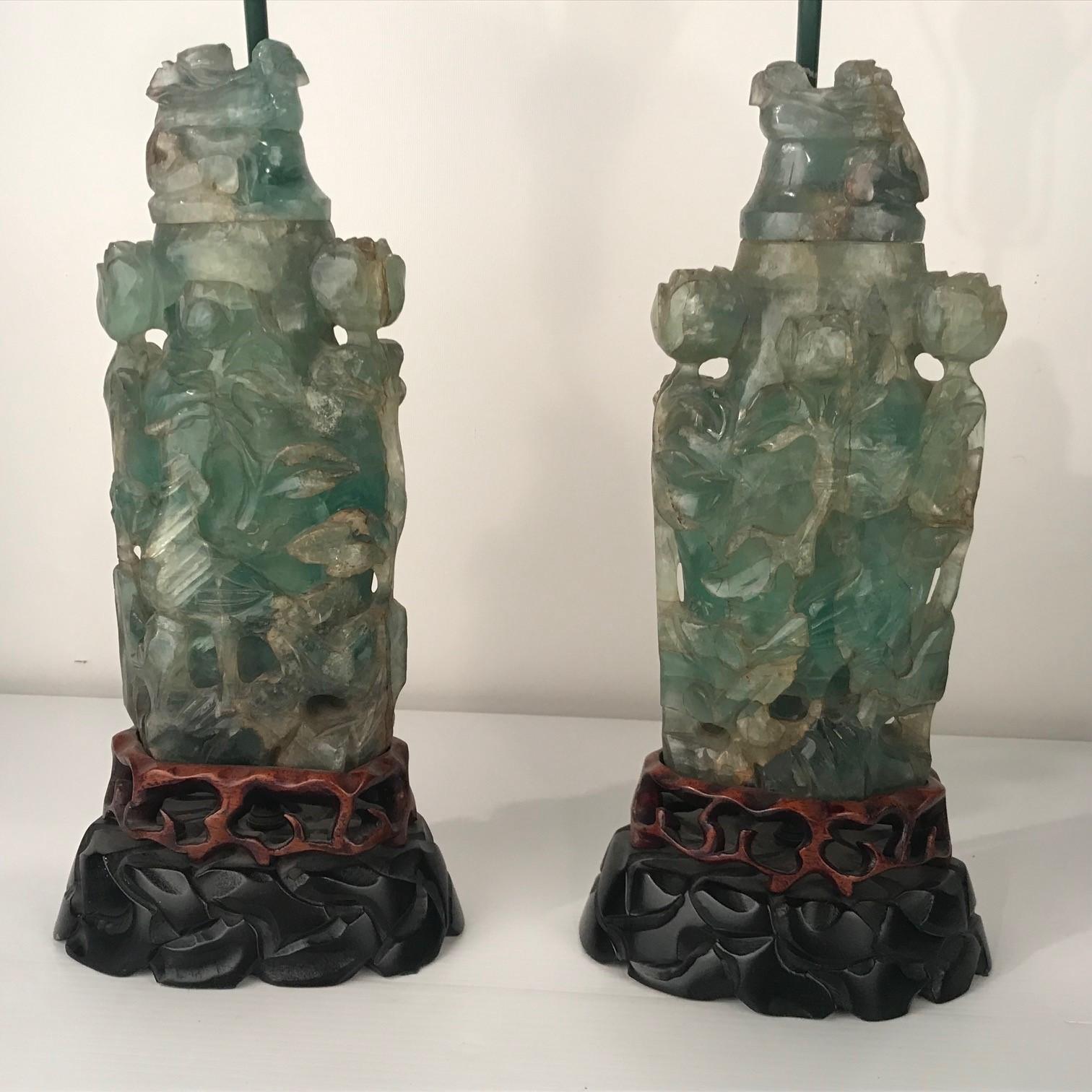 Carved Large Pair of Antique Chinese Green Quartz Covered Urns