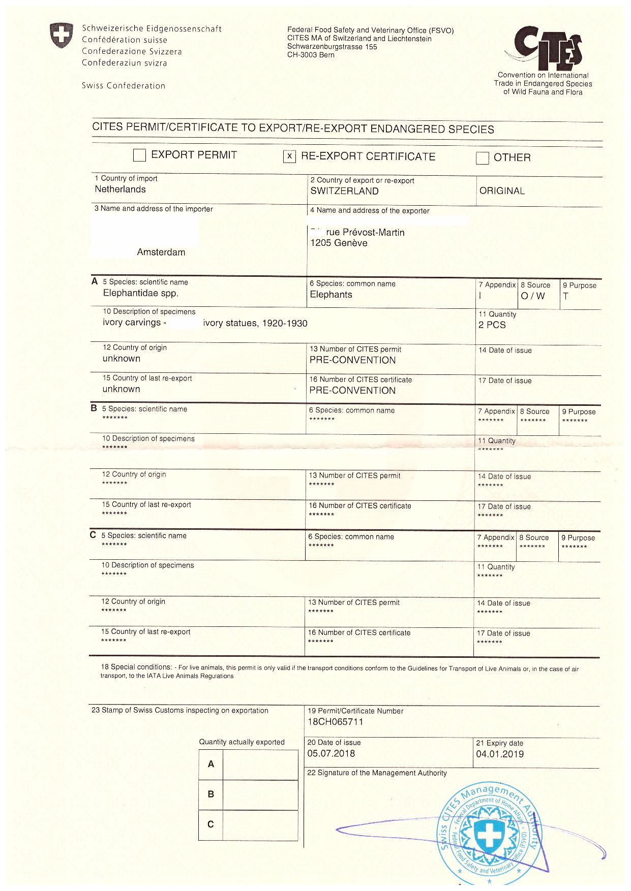 Original CITES certificate for export and re-export, Swiss CITES Management Authority, date of issue 05.07.2018, certificate number 18CH065711. The original certificate will be provided to the buyer. In very good condition and with nice aged patina.