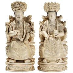 Large Pair of Antique Chinese Hand-Carved Ivory Emperor and Empress Figures