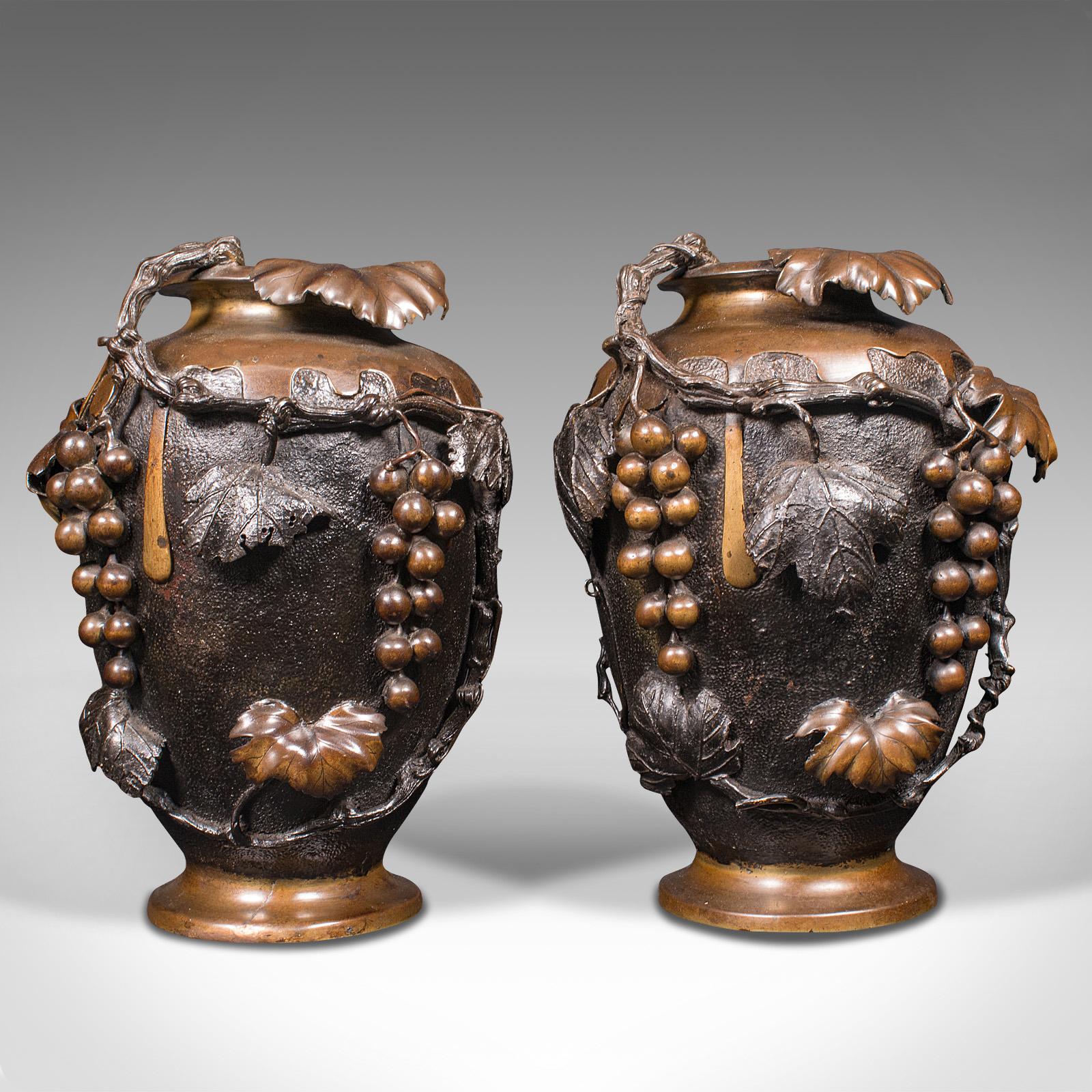 This is a large pair of antique decorative vases. A Japanese, bronze amphora or urn, dating to the late Victorian period, circa 1900.

Strikingly sculpted and finished vases of great proportion
Displays a desirable aged patina and in good