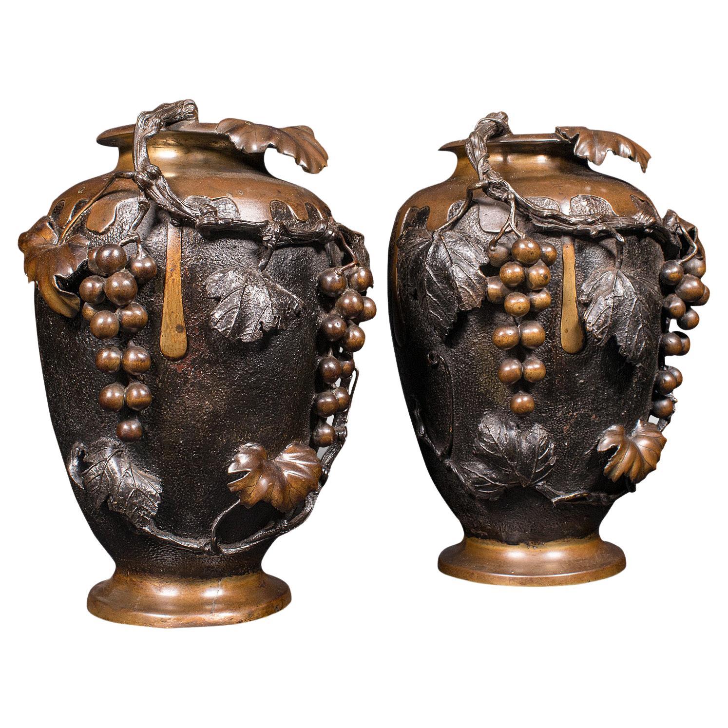 Large Pair of Antique Decorative Vases, Japanese, Bronze, Amphora, Victorian