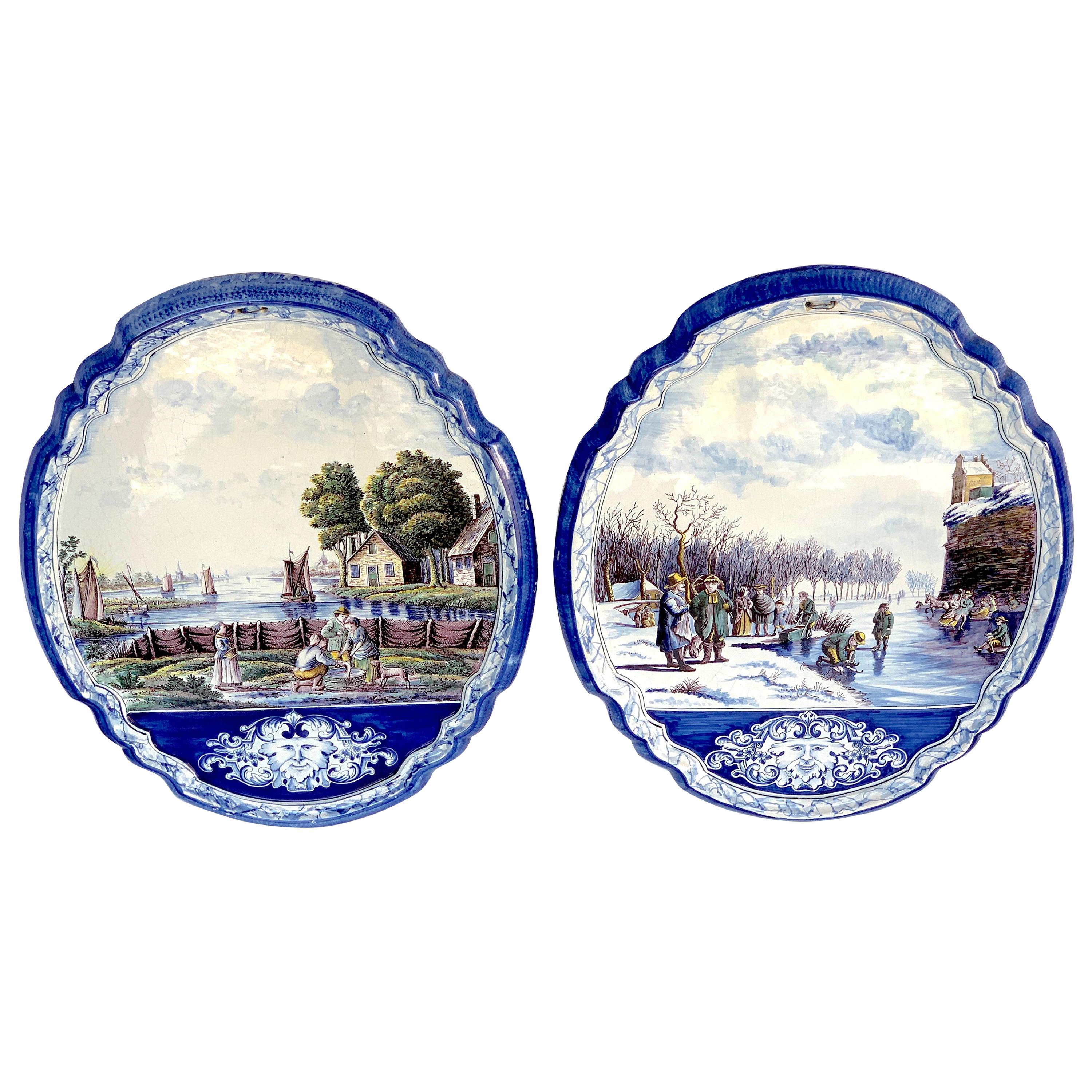 Large Pair of Antique Delft Topographical Wall Plaques For Sale
