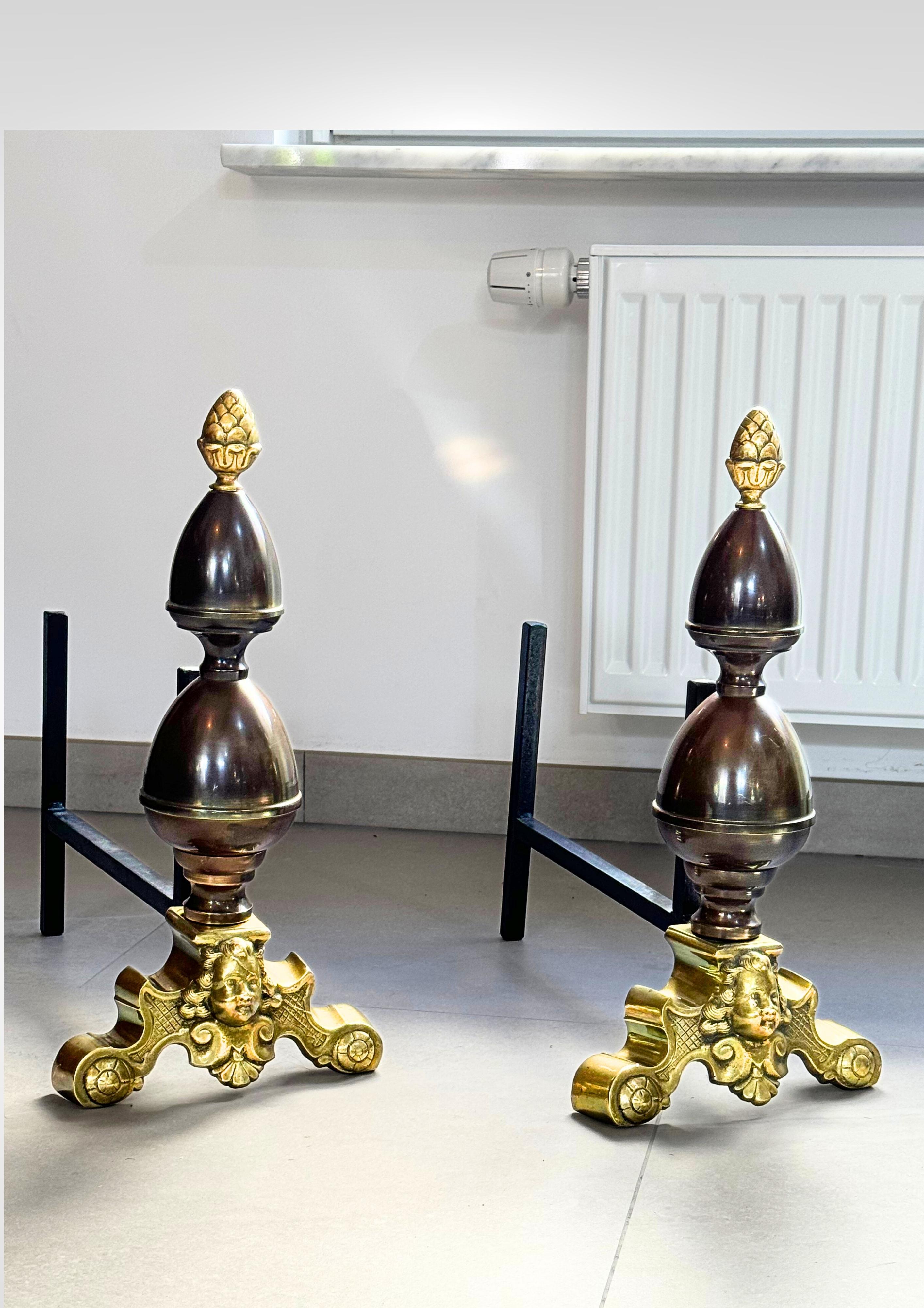 Grande paire d'anciens chenets hollandais en bronze moulé et laiton en vente 2