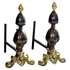 Grande paire d'anciens chenets hollandais en bronze moulé et laiton